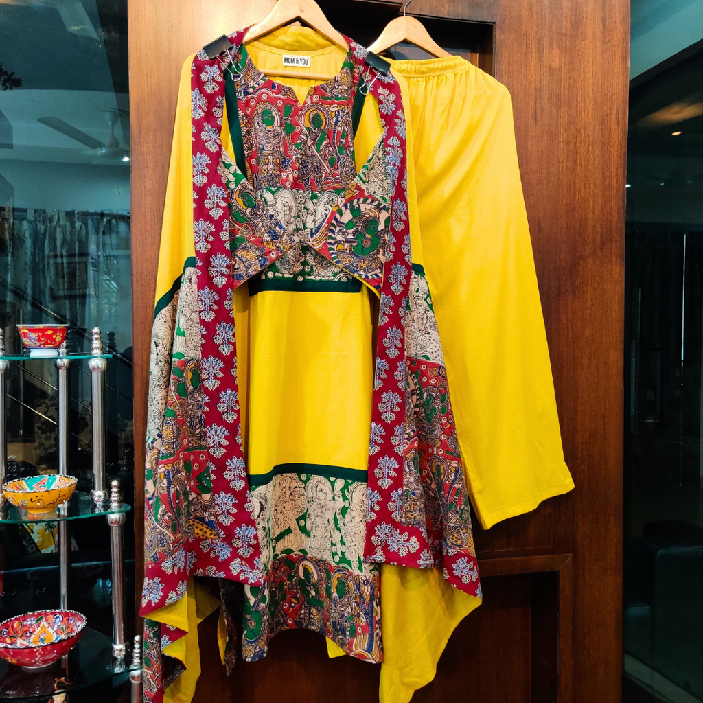 Yellow Cotton Multi-Coloured kalamkari Stitched Suit Set