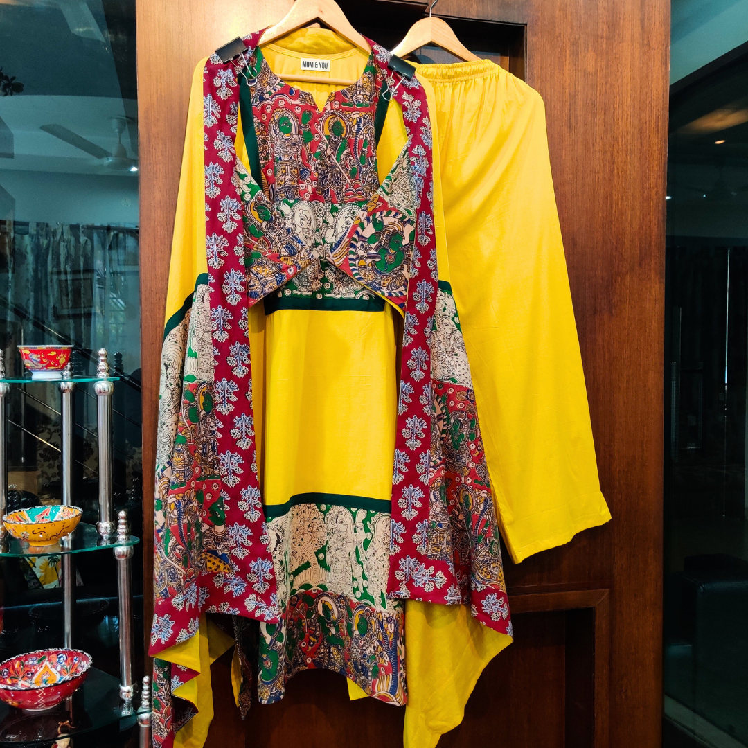Yellow Cotton Multi-Coloured kalamkari Stitched Suit Set