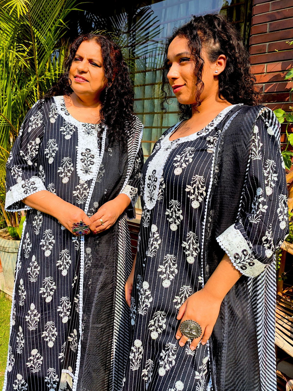 Black Striped White Lace Cotton Stitched Suit Set