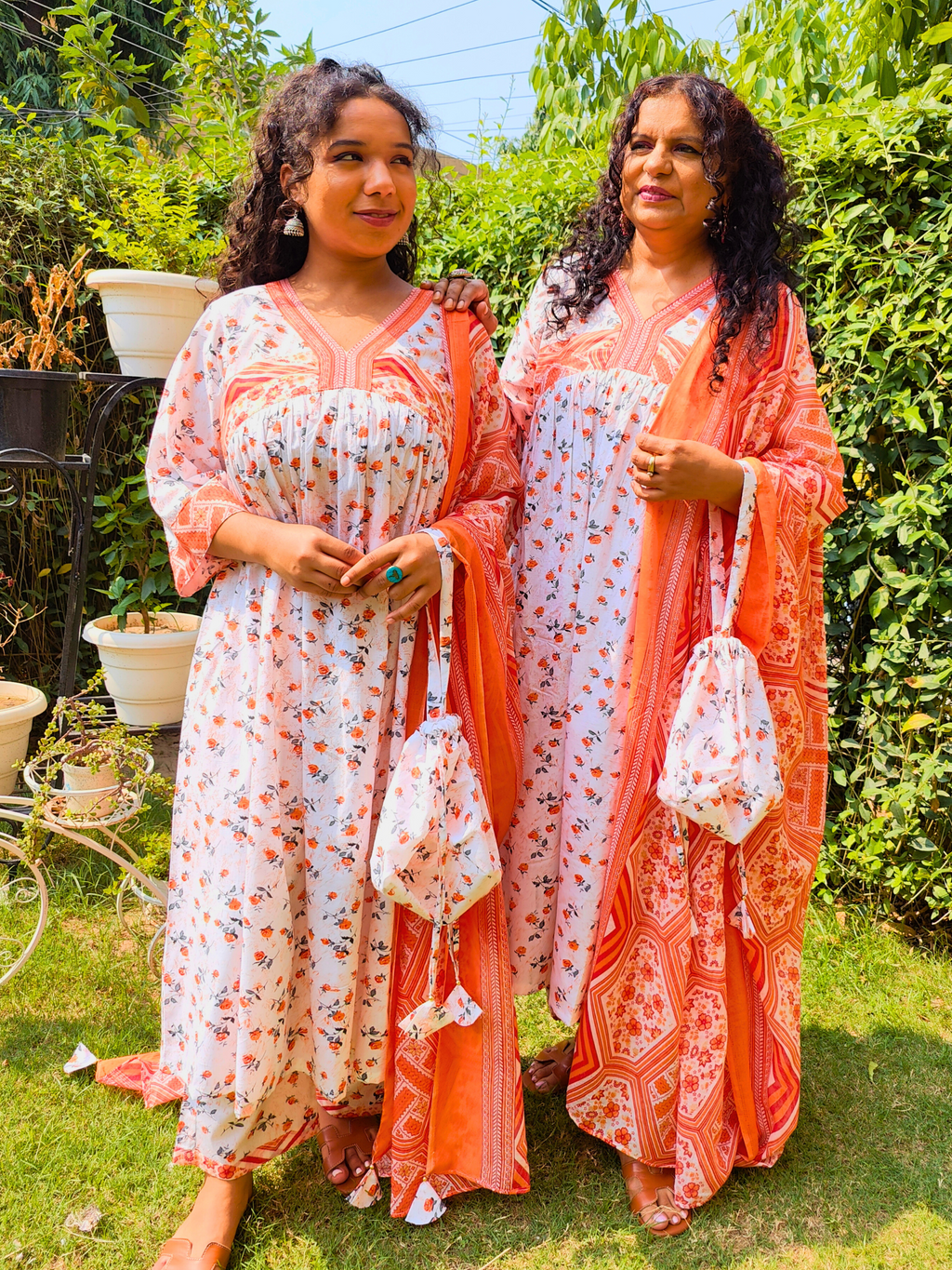 White and Orange Digital Printed Anarkali Cotton Stitched Suit Set