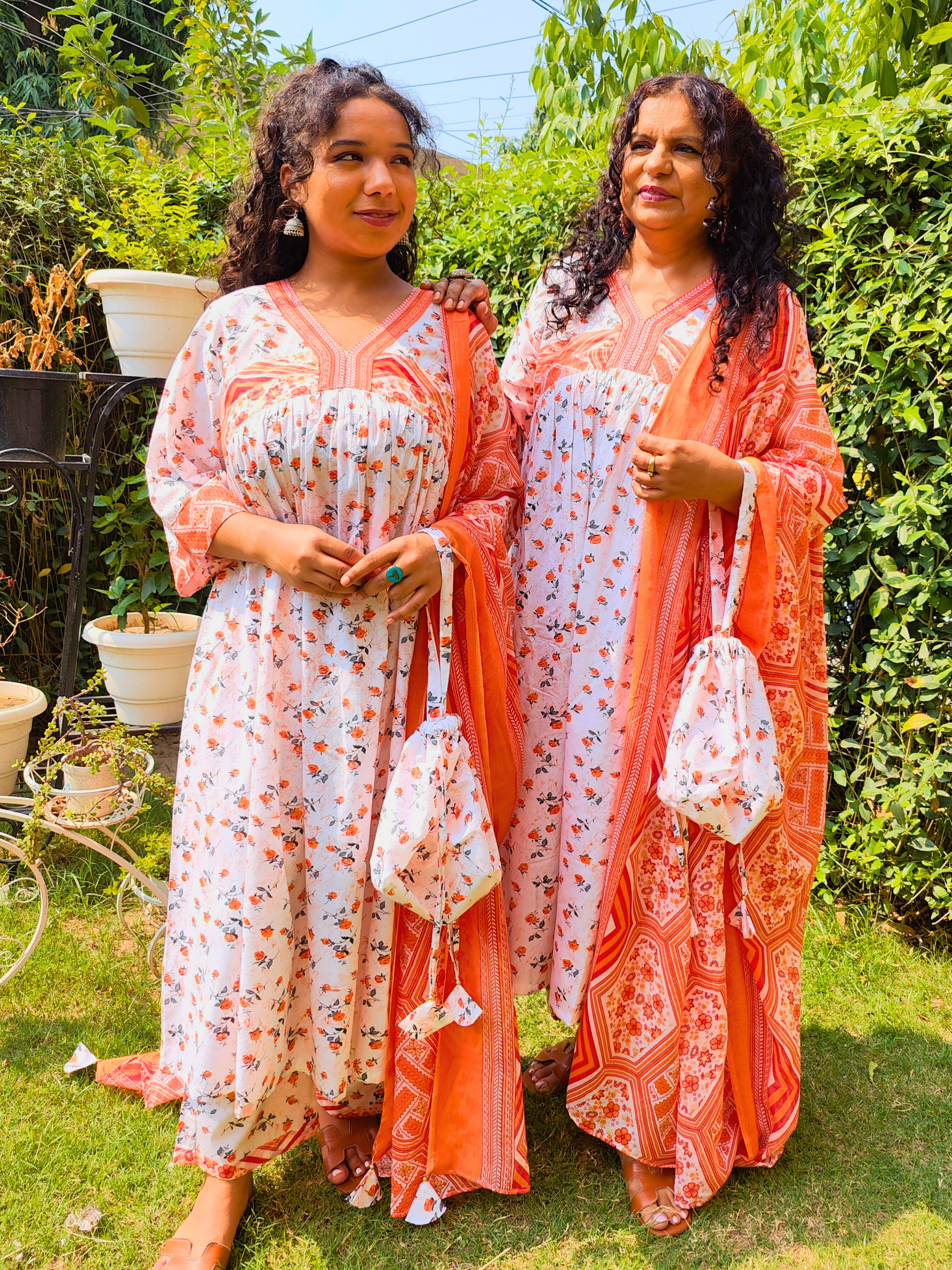 White and Orange Digital Printed Anarkali Cotton Stitched Suit Set