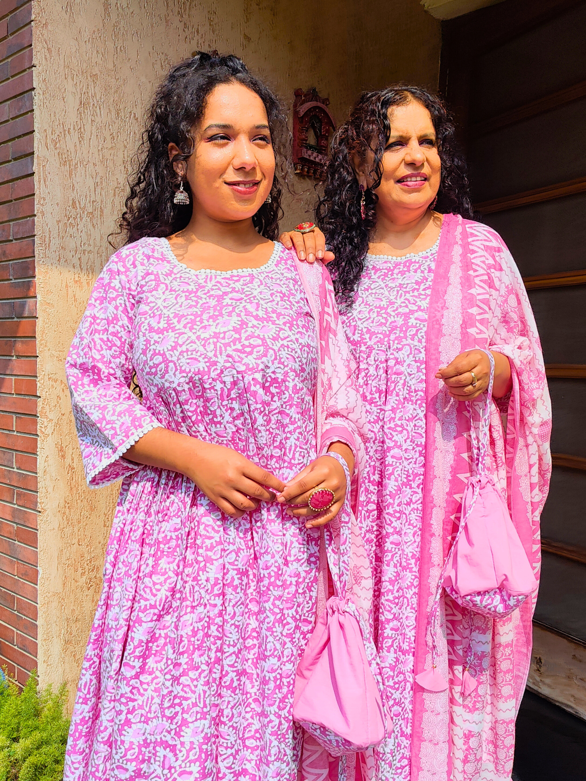 Pink Digital Printed White Lace Anarkali Cotton Stitched Suit Set