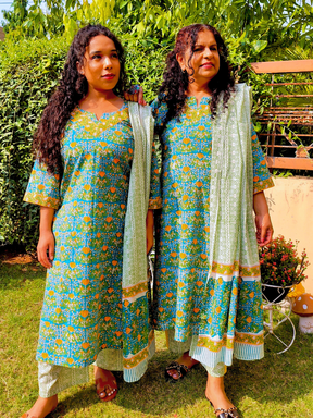 Green Cotton Handblock Stitched Suit Set