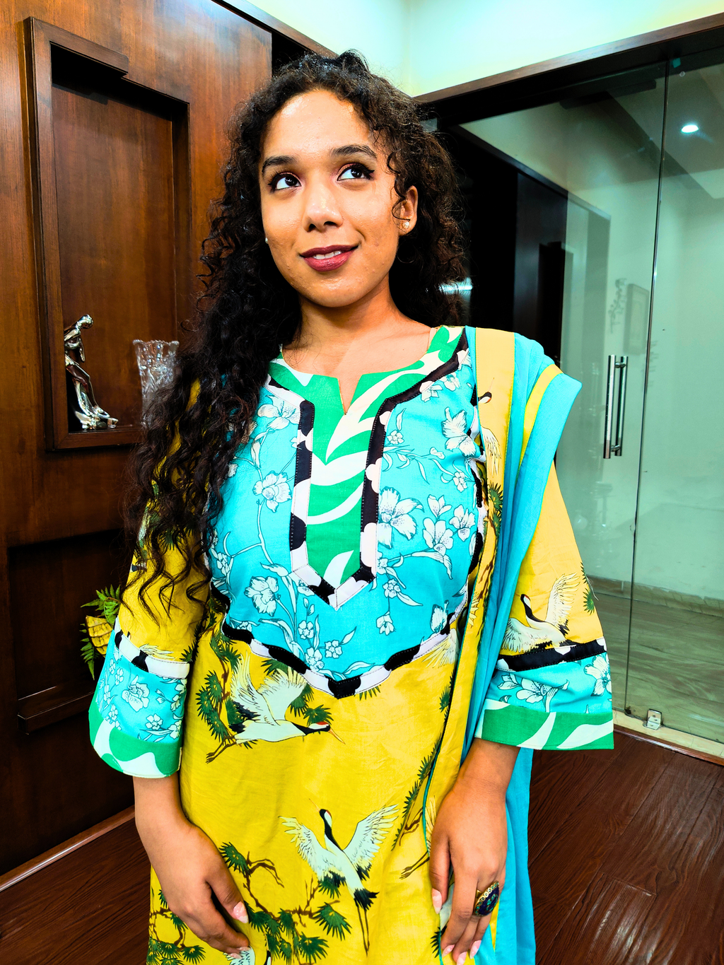 Yellow Digital Printed Multi Coloured Cotton Stitched Suit Set