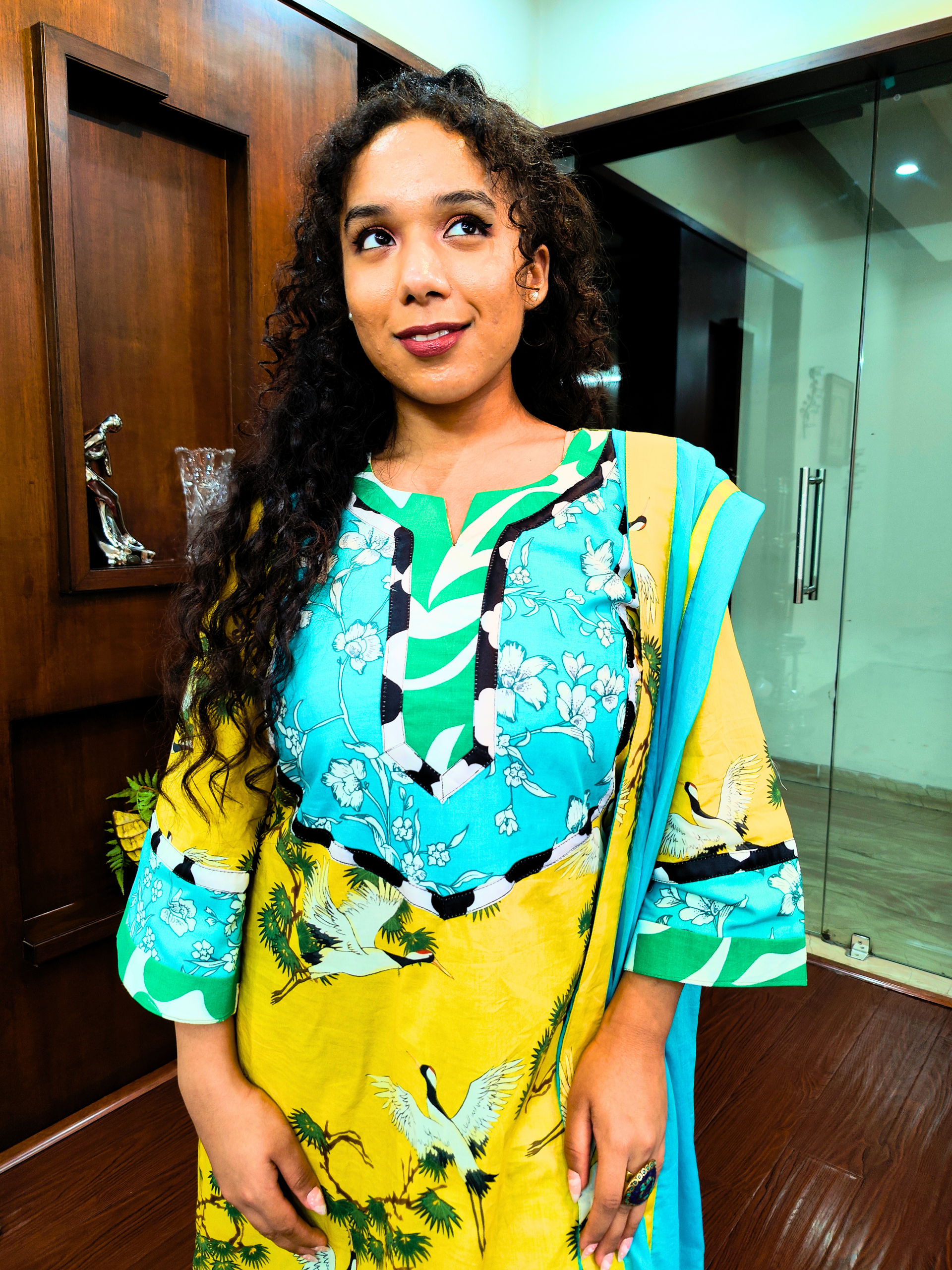 Yellow Digital Printed Multi Coloured Cotton Stitched Suit Set