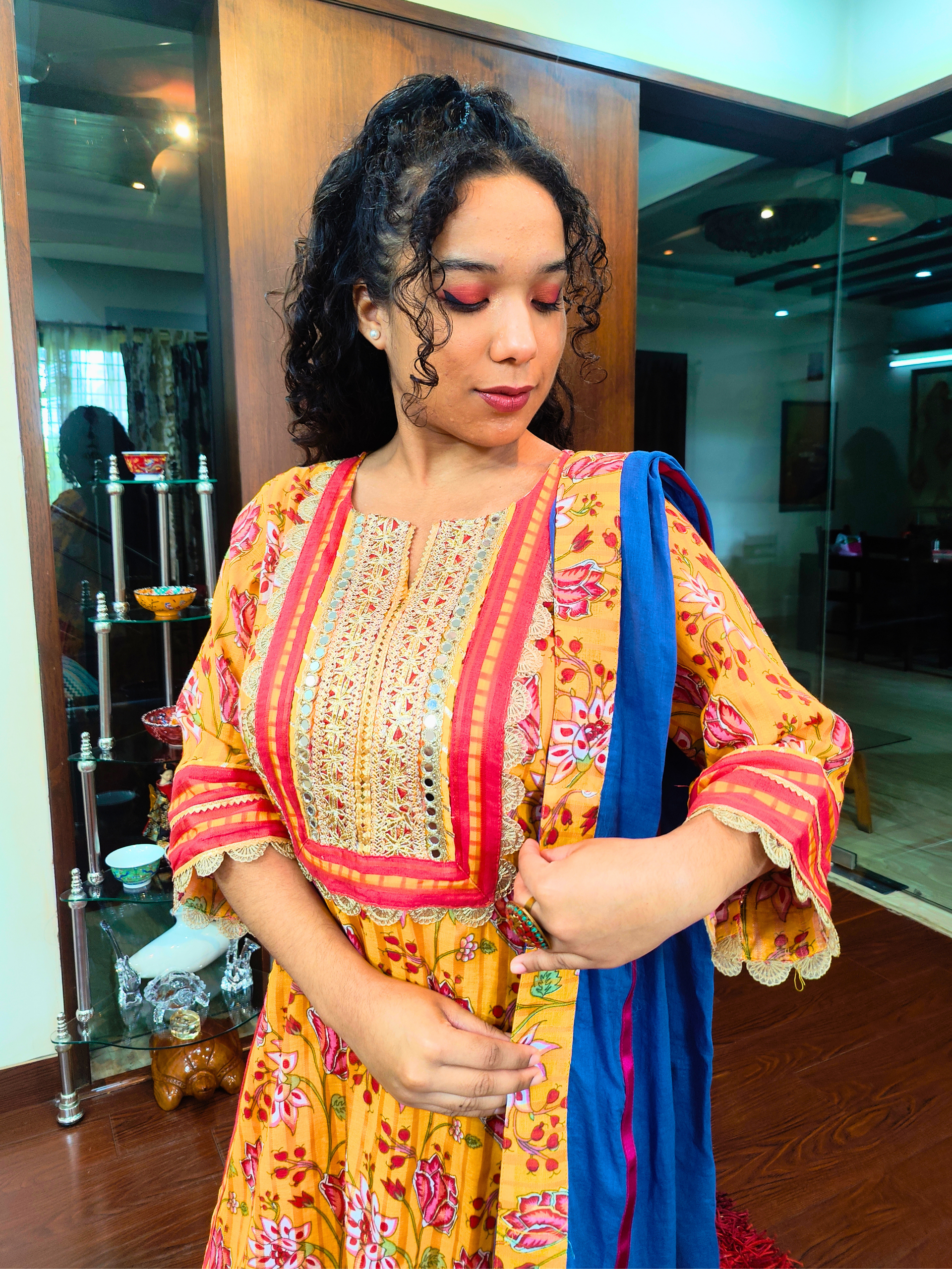 Yellow Floral Digital Printed Silver Gota Cotton Stitched Suit Set