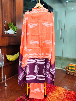 Purple and Orange Batik Cotton Silk Unstitched Dress Material Suit Set