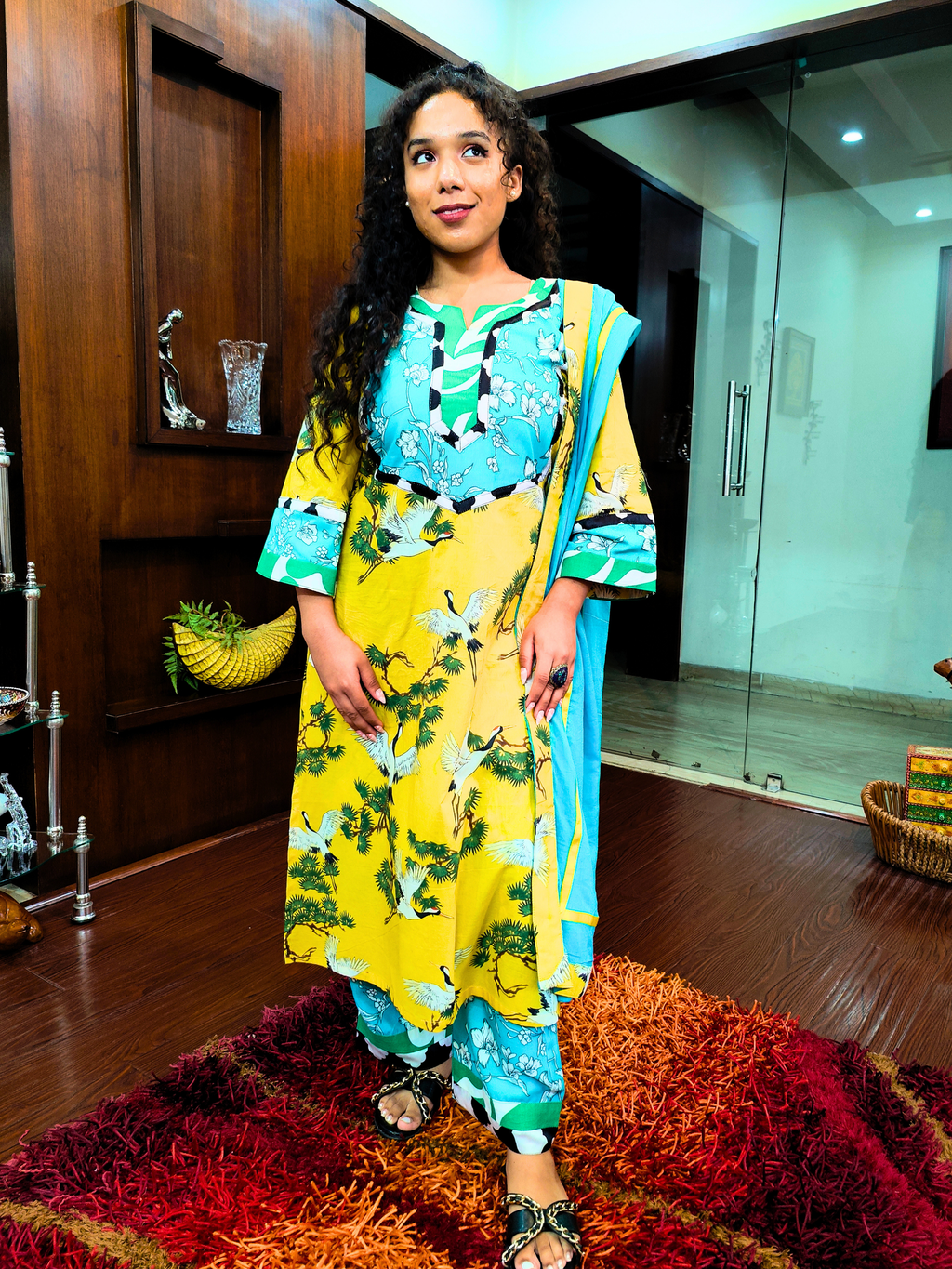 Yellow Digital Printed Multi Coloured Cotton Stitched Suit Set