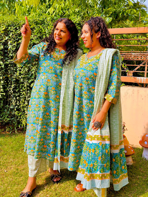 Green Cotton Handblock Stitched Suit Set