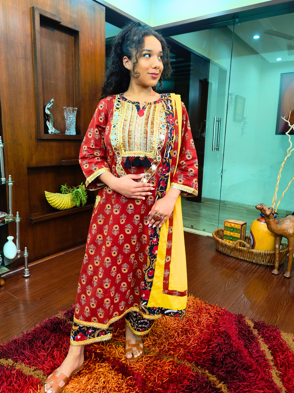 Maroon Digital Printed Real Mirror Lace Stitched Suit Set