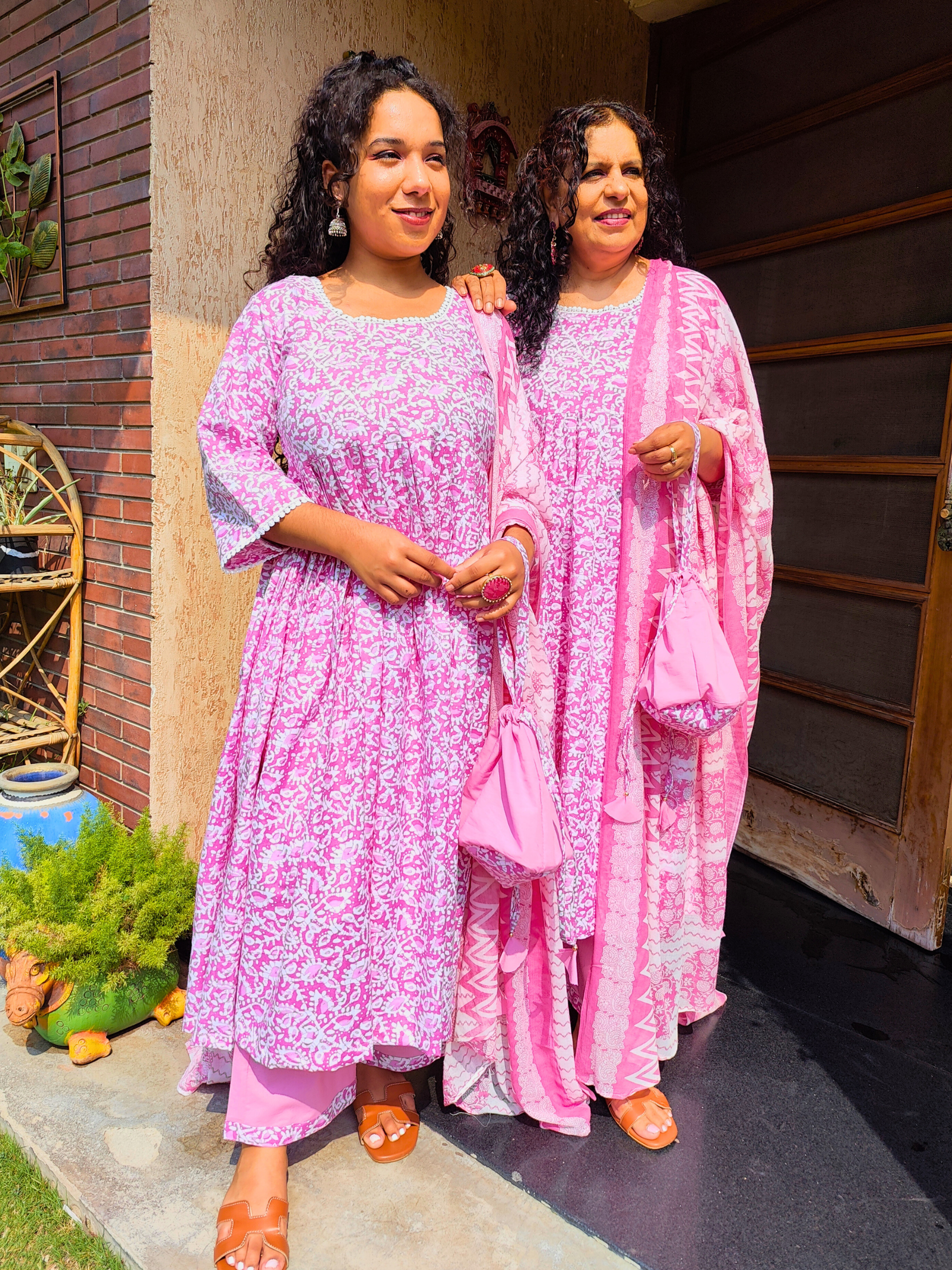 Pink Digital Printed White Lace Anarkali Cotton Stitched Suit Set