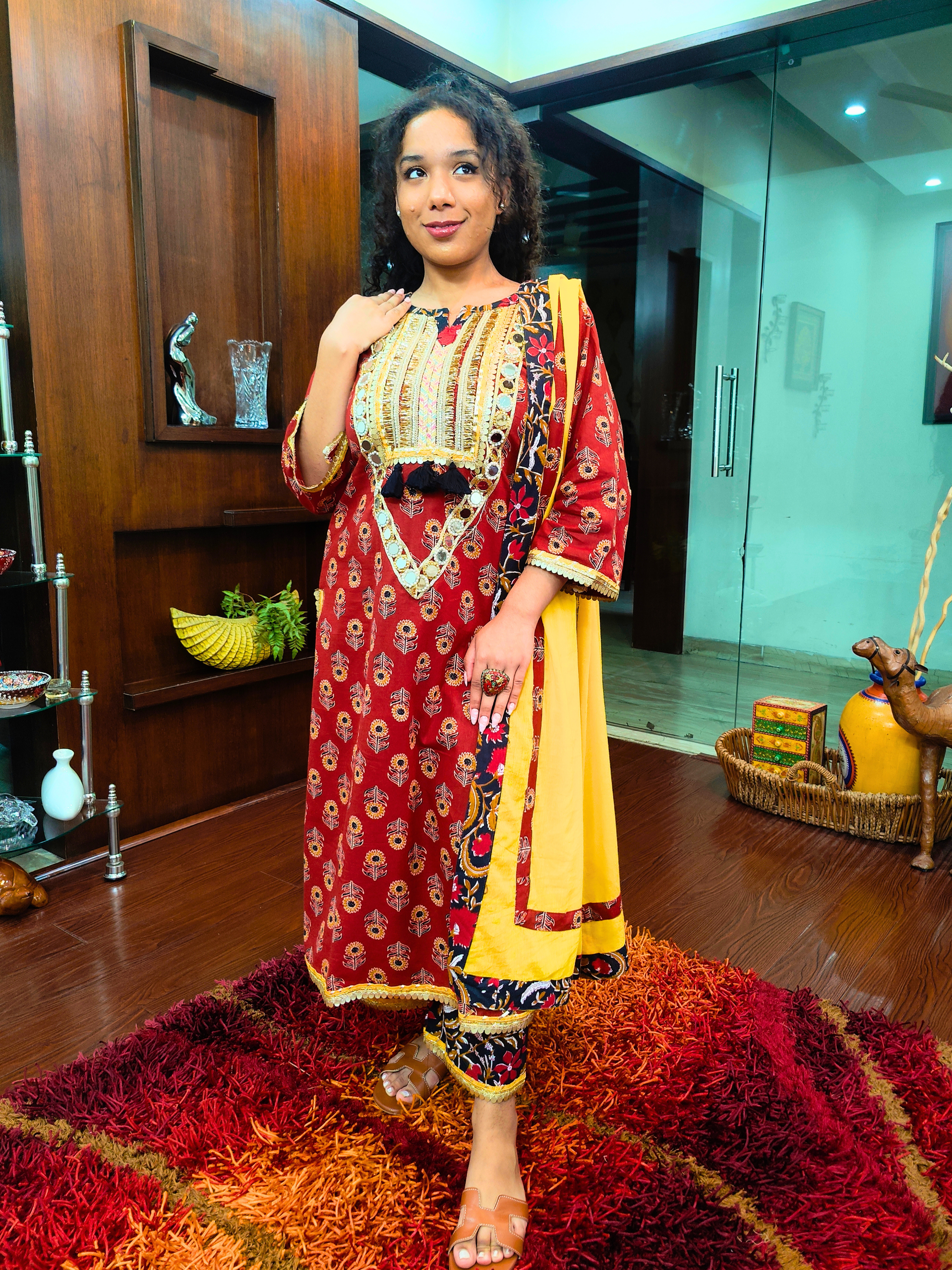 Maroon Digital Printed Real Mirror Lace Stitched Suit Set