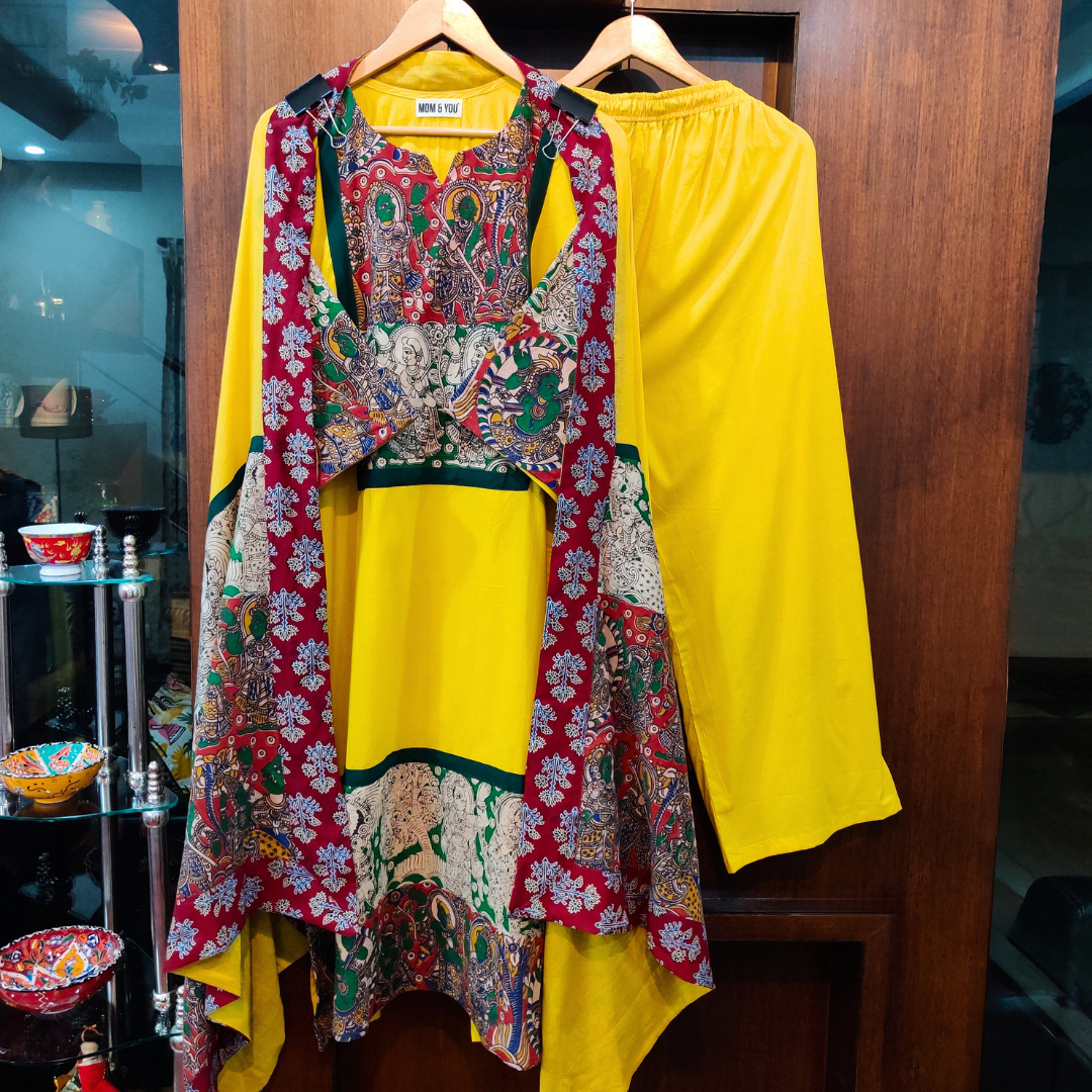 Yellow Cotton Multi-Coloured kalamkari Stitched Suit Set