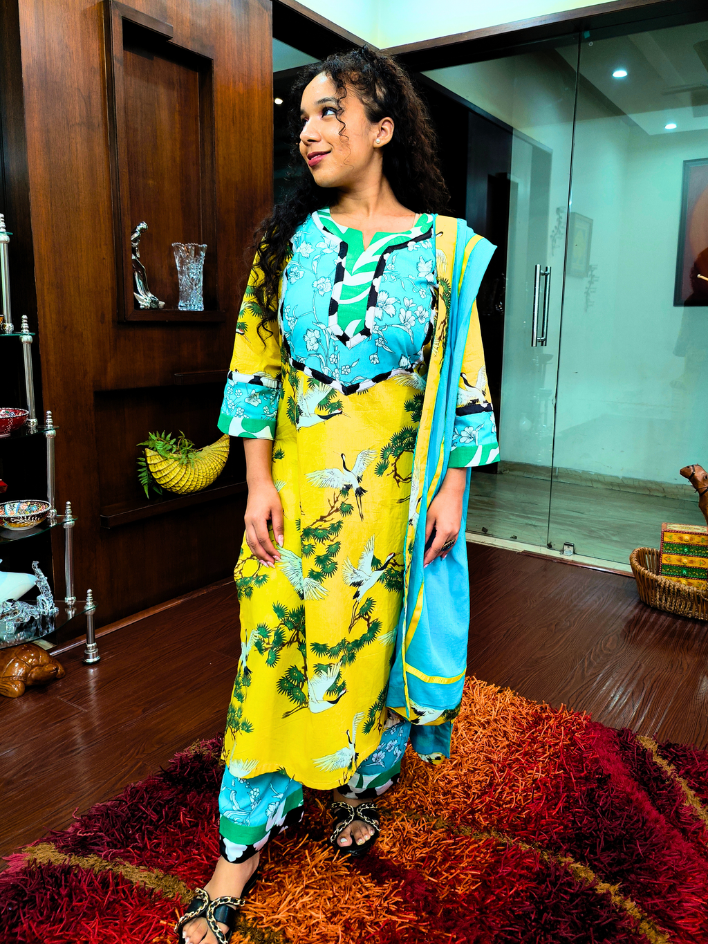 Yellow Digital Printed Multi Coloured Cotton Stitched Suit Set