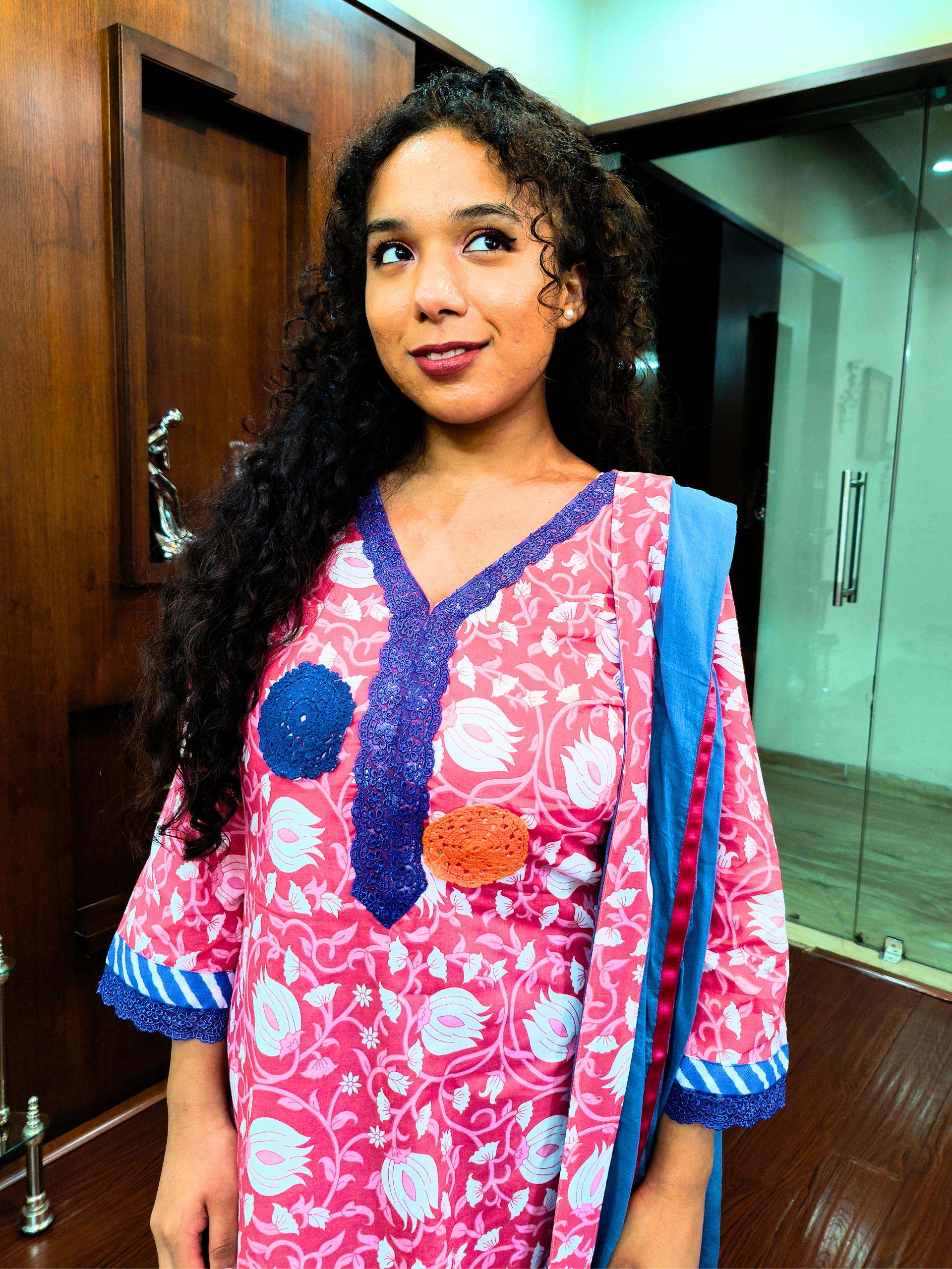 Pink Handblock Multi Embroidered Cotton Stitched Suit Set