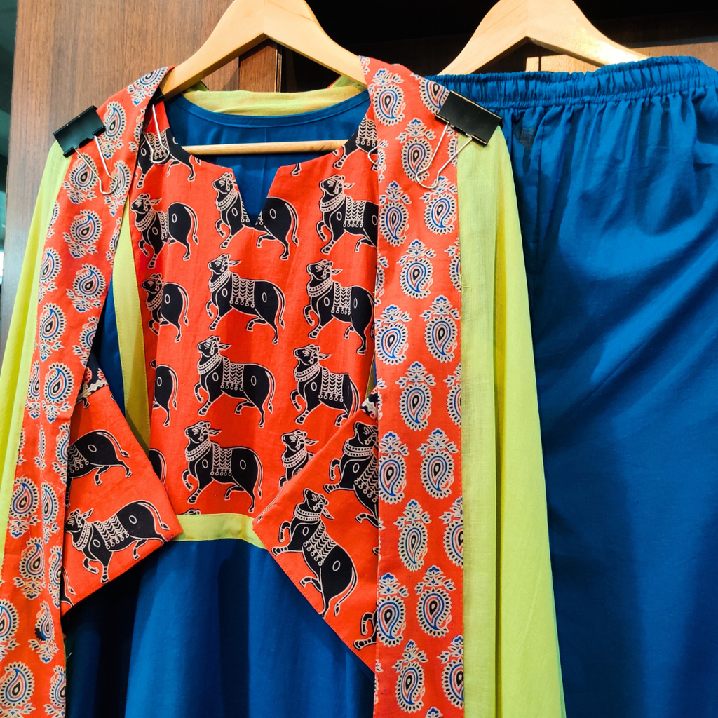 Blue Kalamkari Cotton Stitched Suit Set