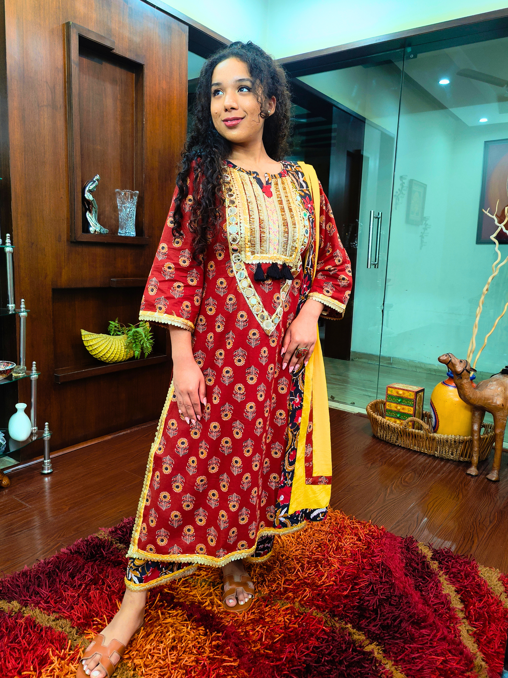 Maroon Digital Printed Real Mirror Lace Stitched Suit Set