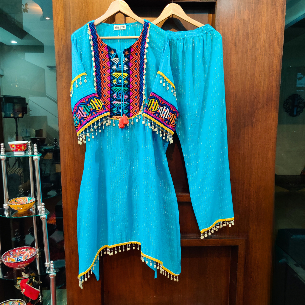 Sky Blue Multi-Colour Embroidered Lurex Cotton Stitched Co-Ord Set