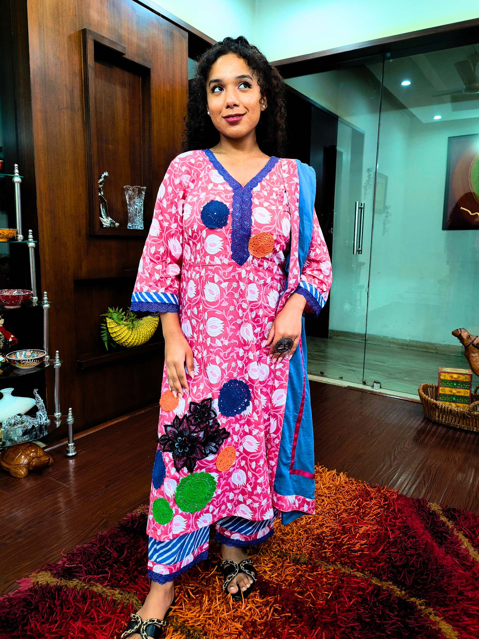 Pink Handblock Multi Embroidered Cotton Stitched Suit Set