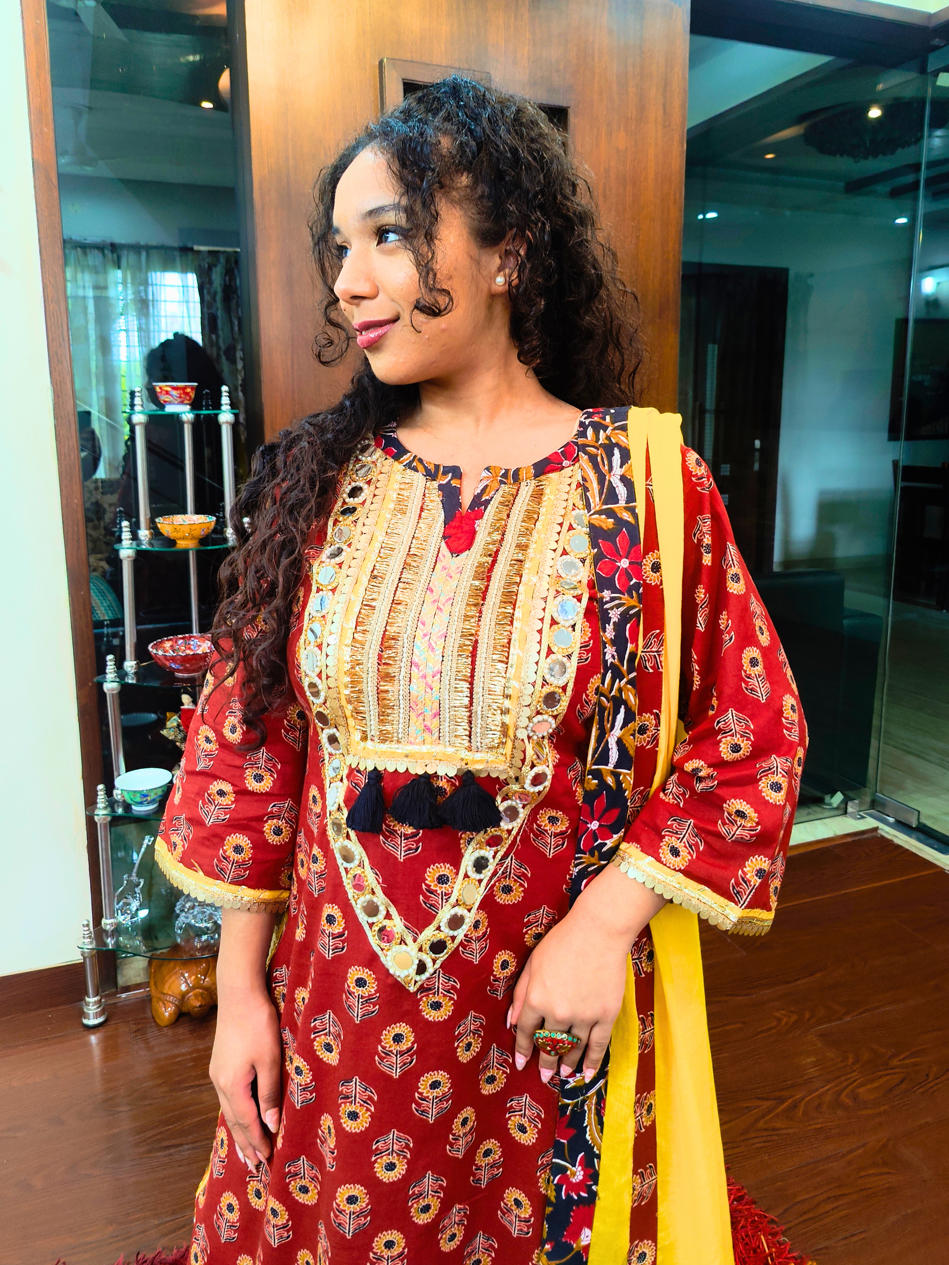 Maroon Digital Printed Real Mirror Lace Stitched Suit Set