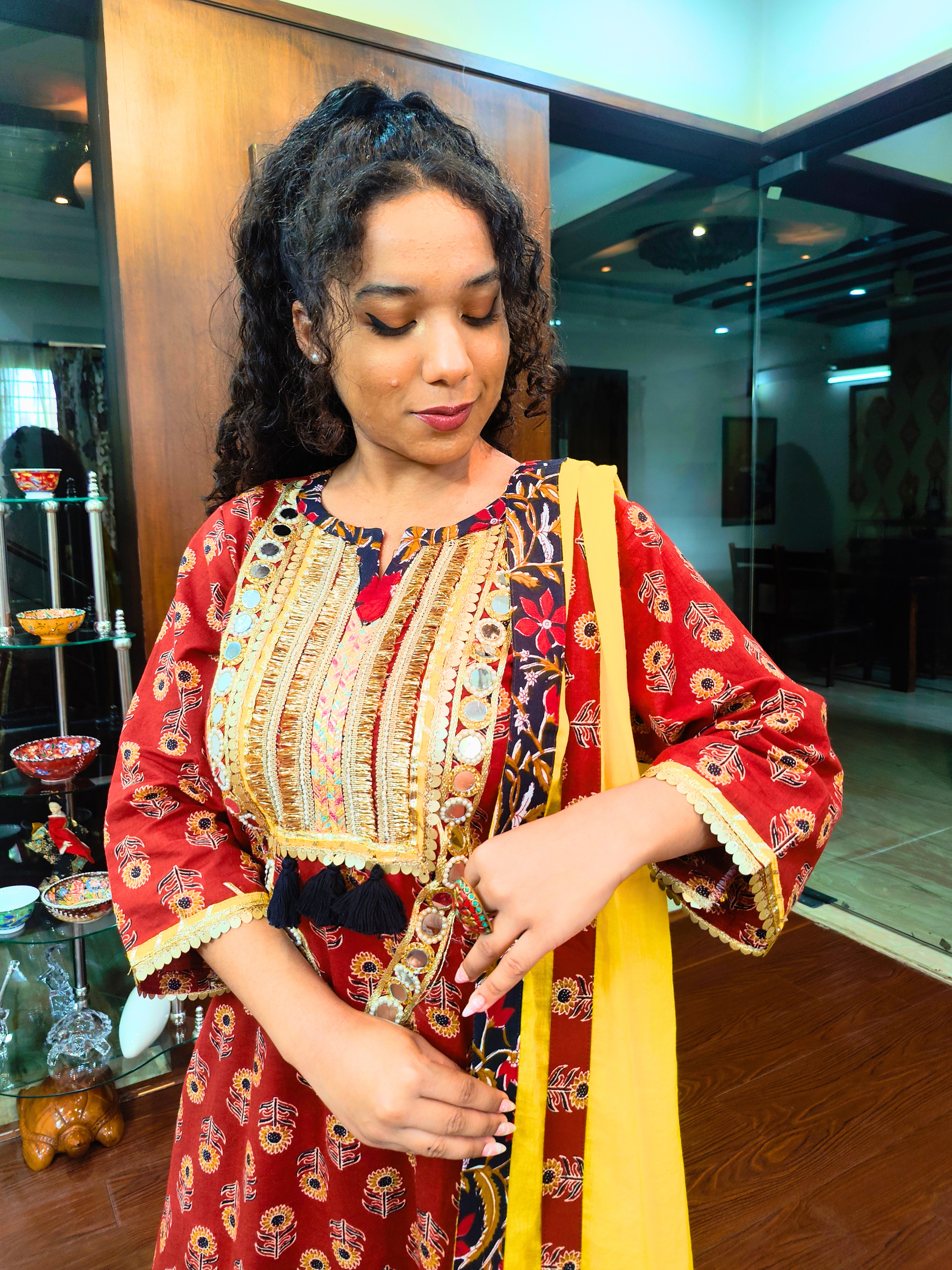 Maroon Digital Printed Real Mirror Lace Stitched Suit Set