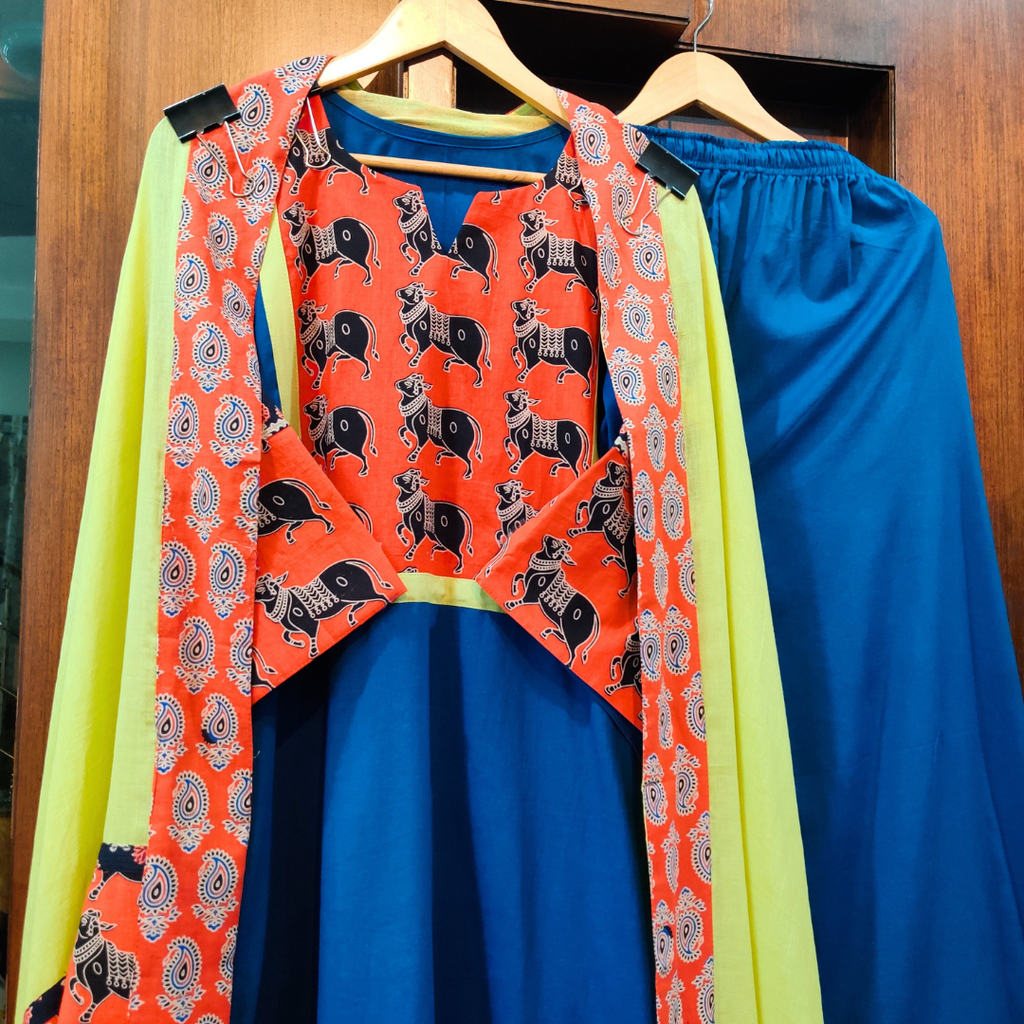 Blue Kalamkari Cotton Stitched Suit Set