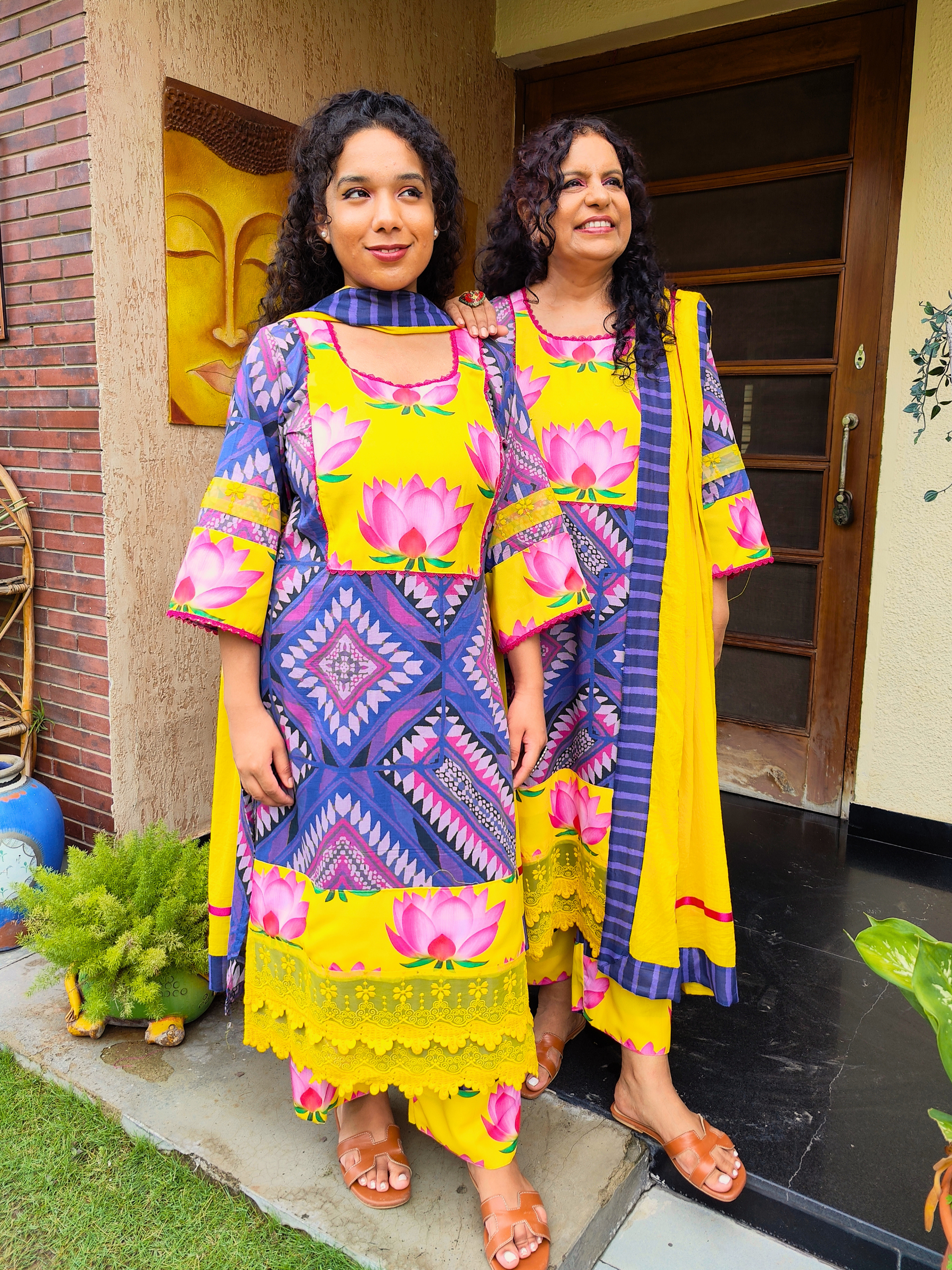 Purple Digital Printed Magenta Lace Cotton Stitched Suit Set