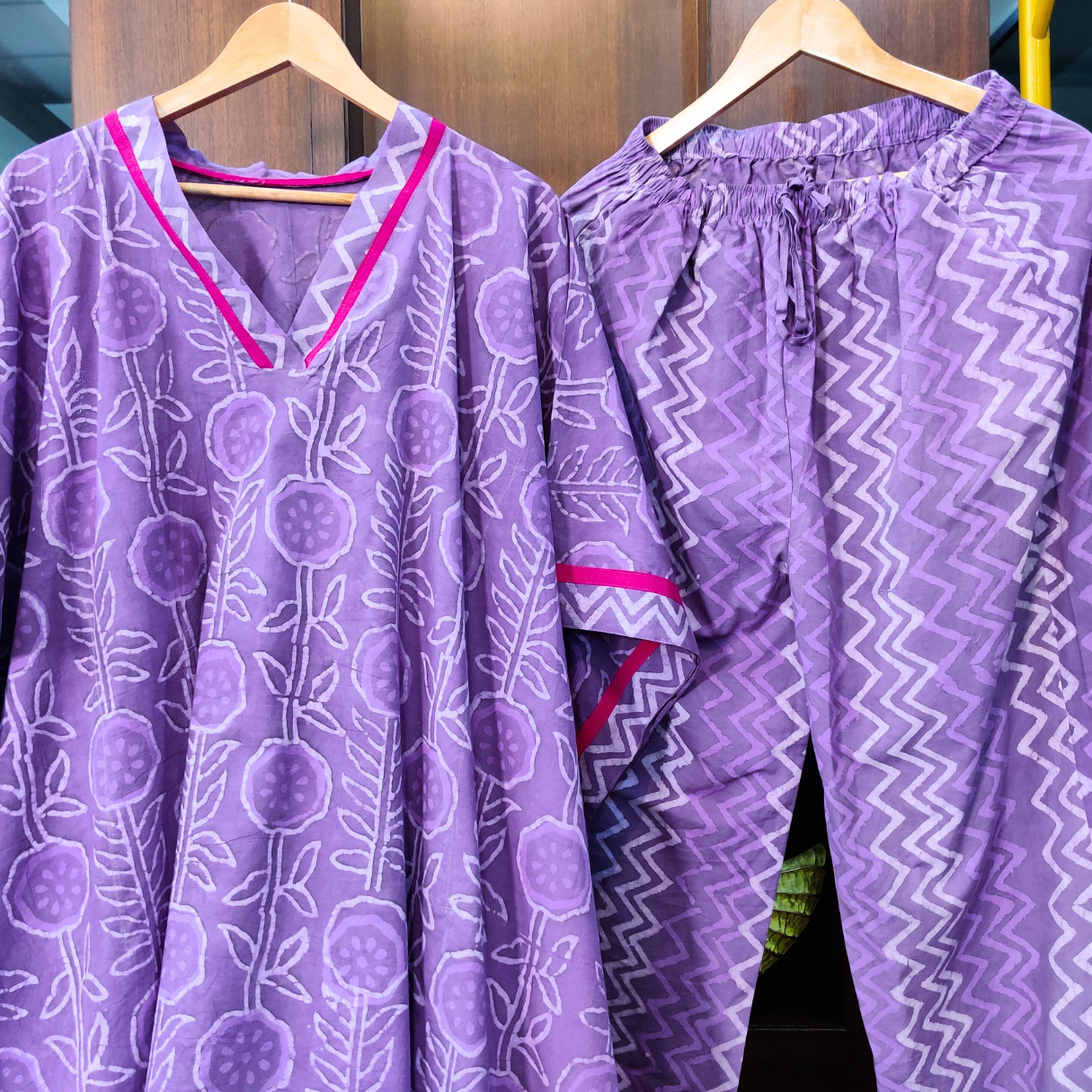Purple Dabu Kurta Kaftan Cotton Stitched Co-Ord Set
