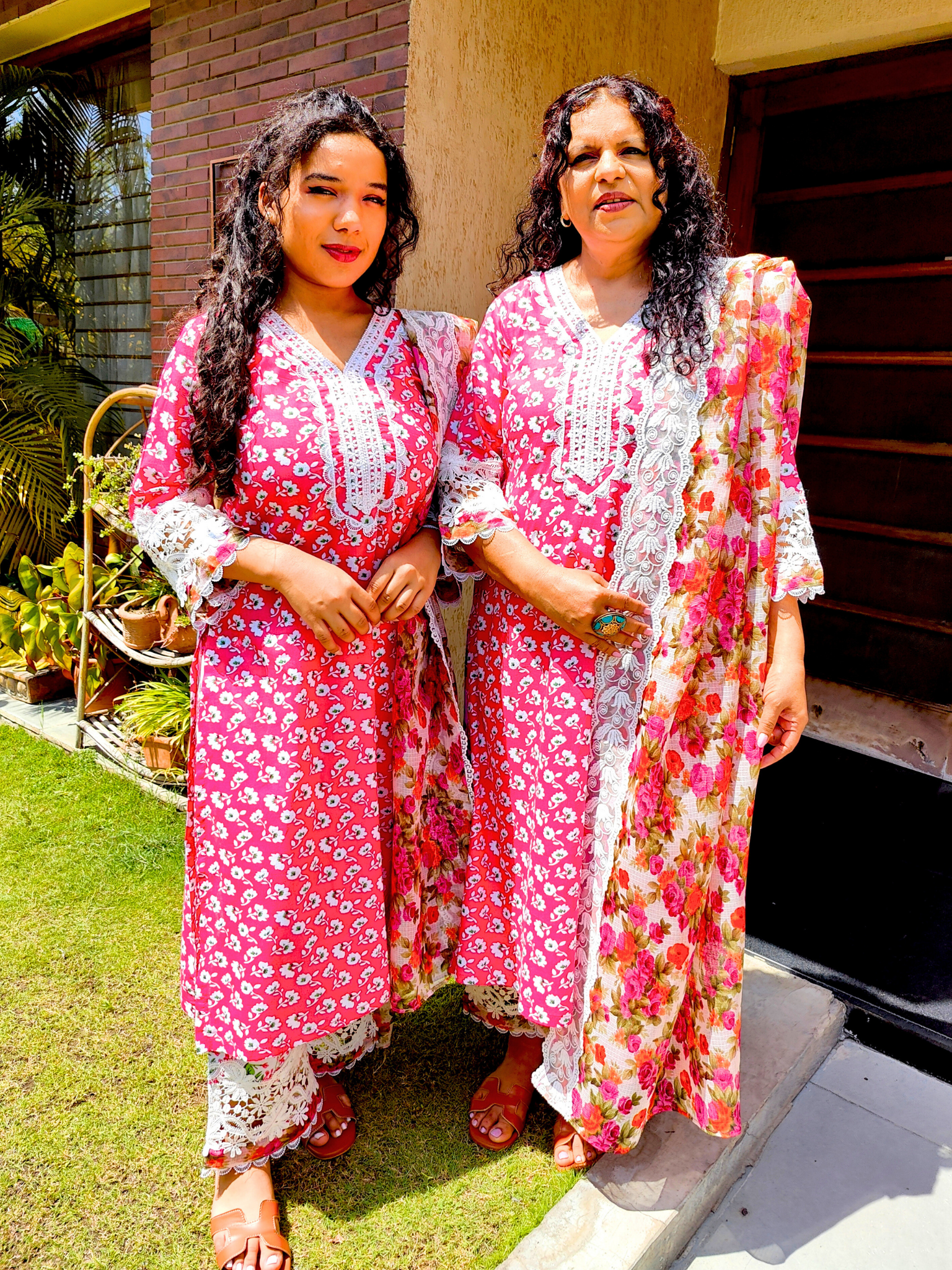 Magenta Cotton White Italian Lace Stitched Suit Set