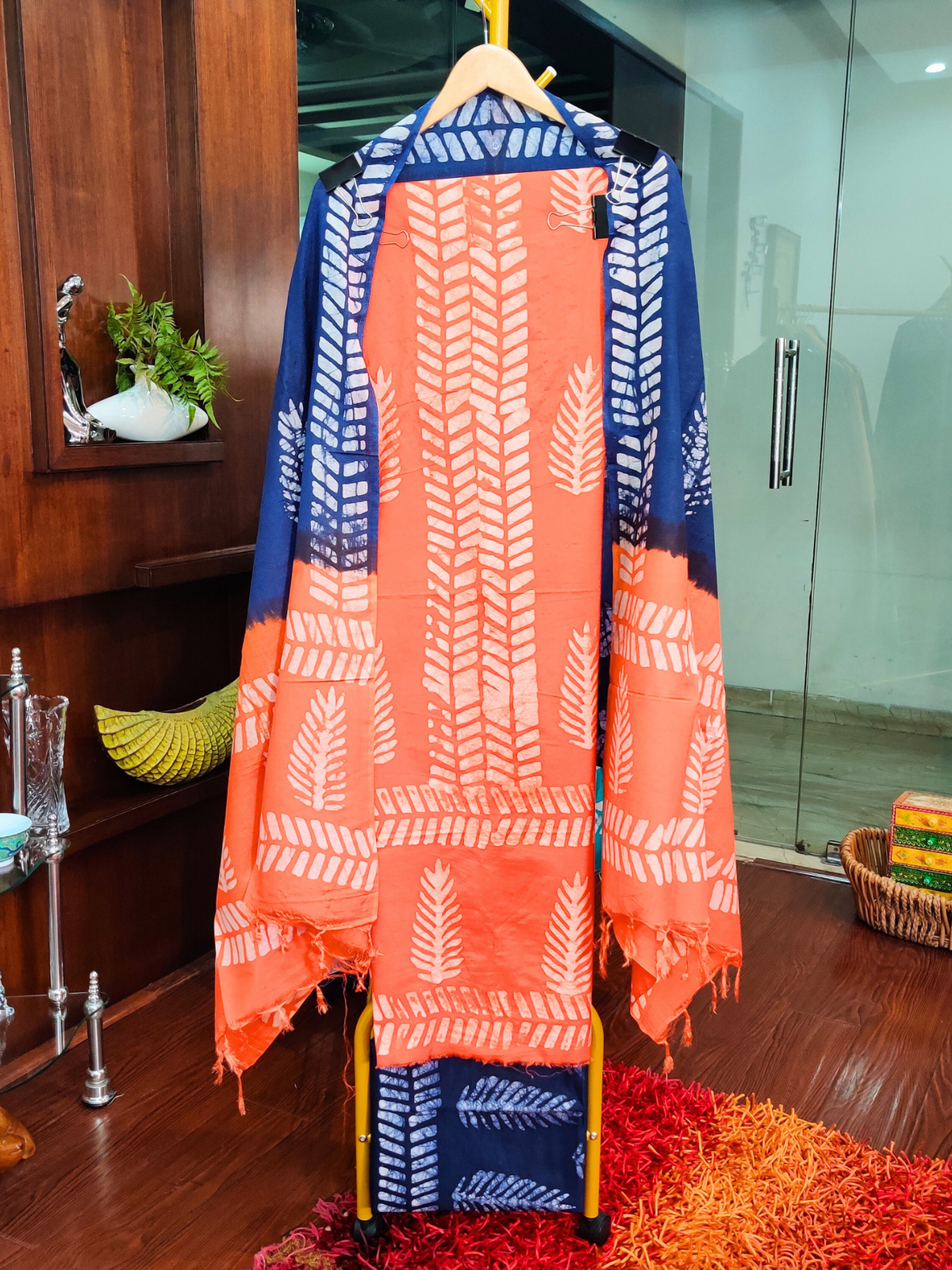 Orange and Blue Batik Cotton Silk Unstitched Dress Material Suit Set