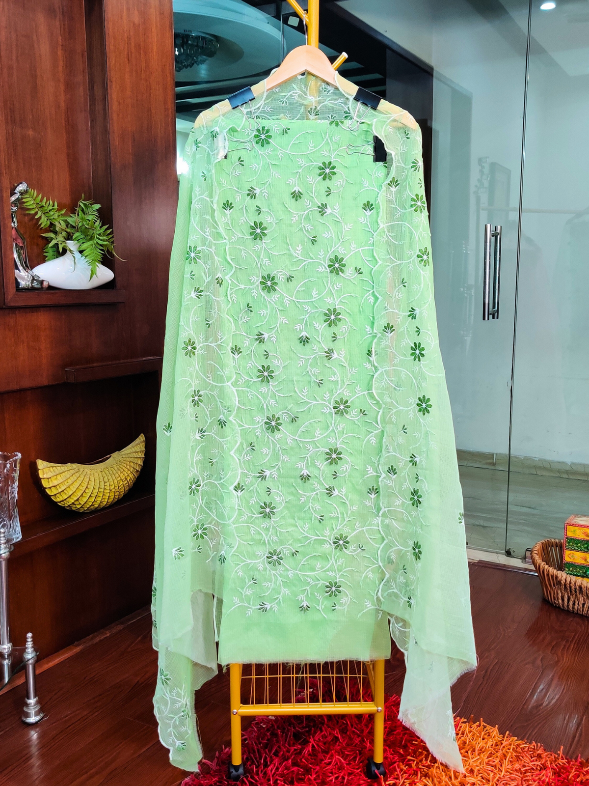 Green Kota Doria Unstitched Dress Material Kurta Set