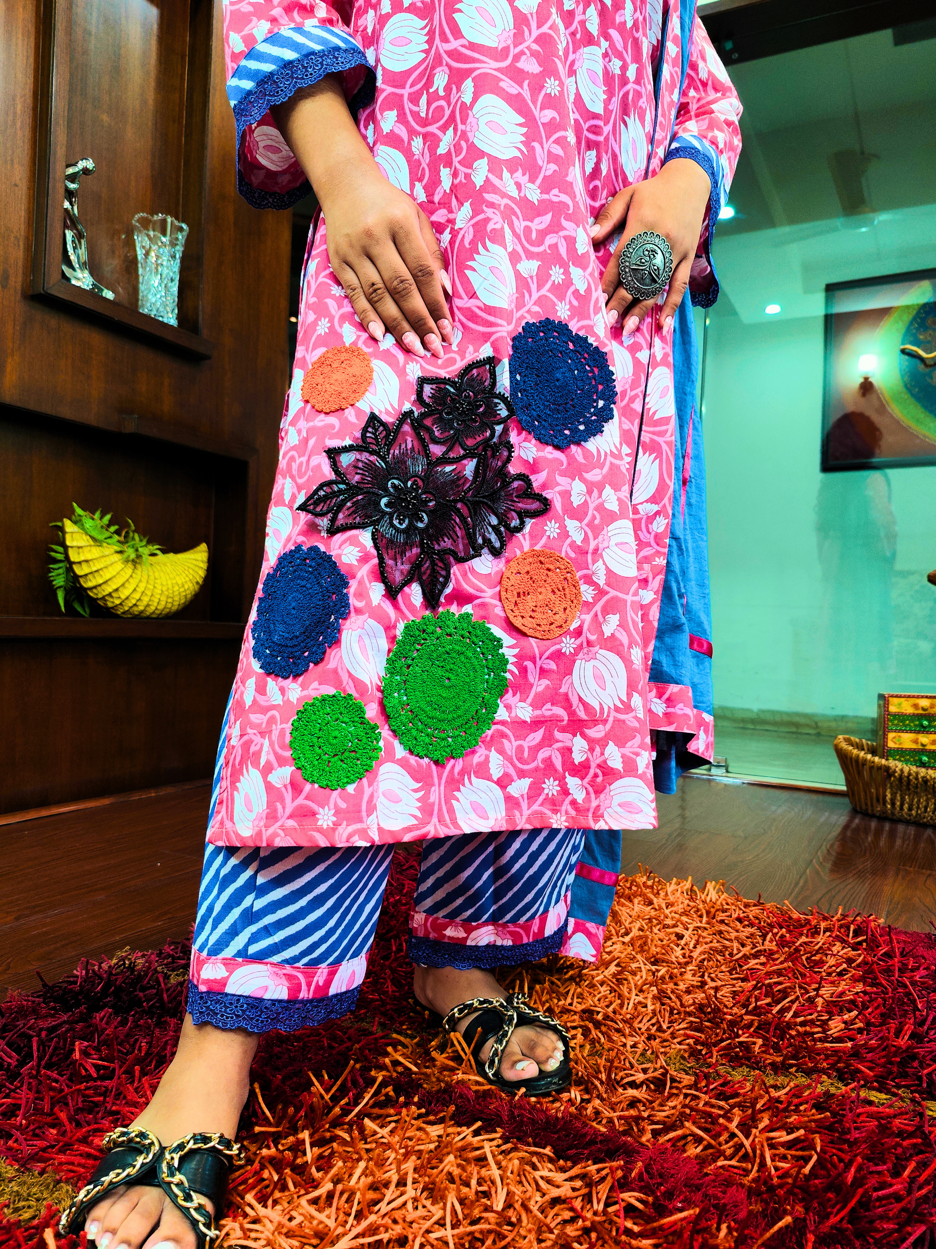 Pink Handblock Multi Embroidered Cotton Stitched Suit Set
