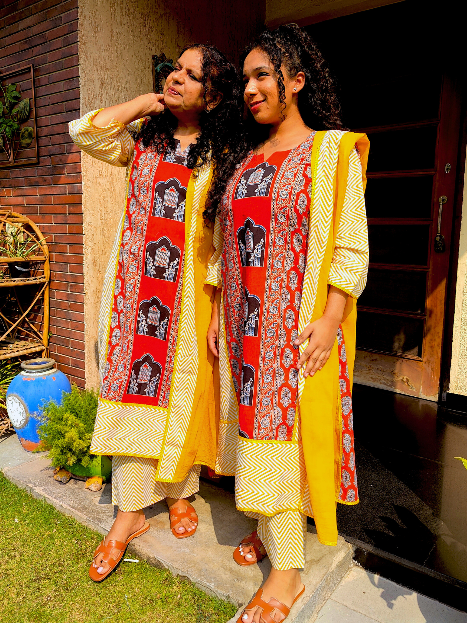 Orange Ajrakh Cotton Stitched Suit Set