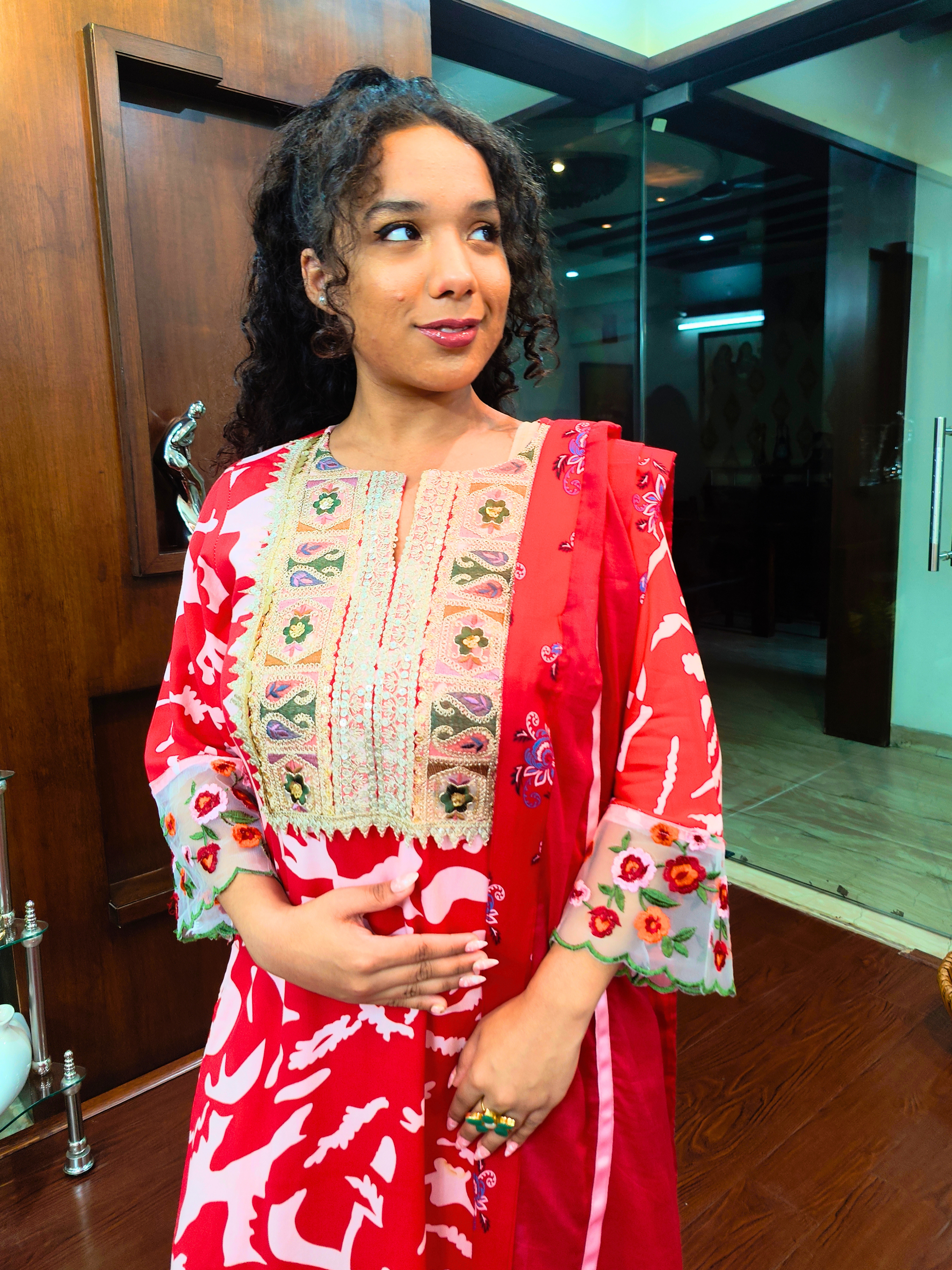 Red and White Floral Embroidered Lace Stitched Suit Set