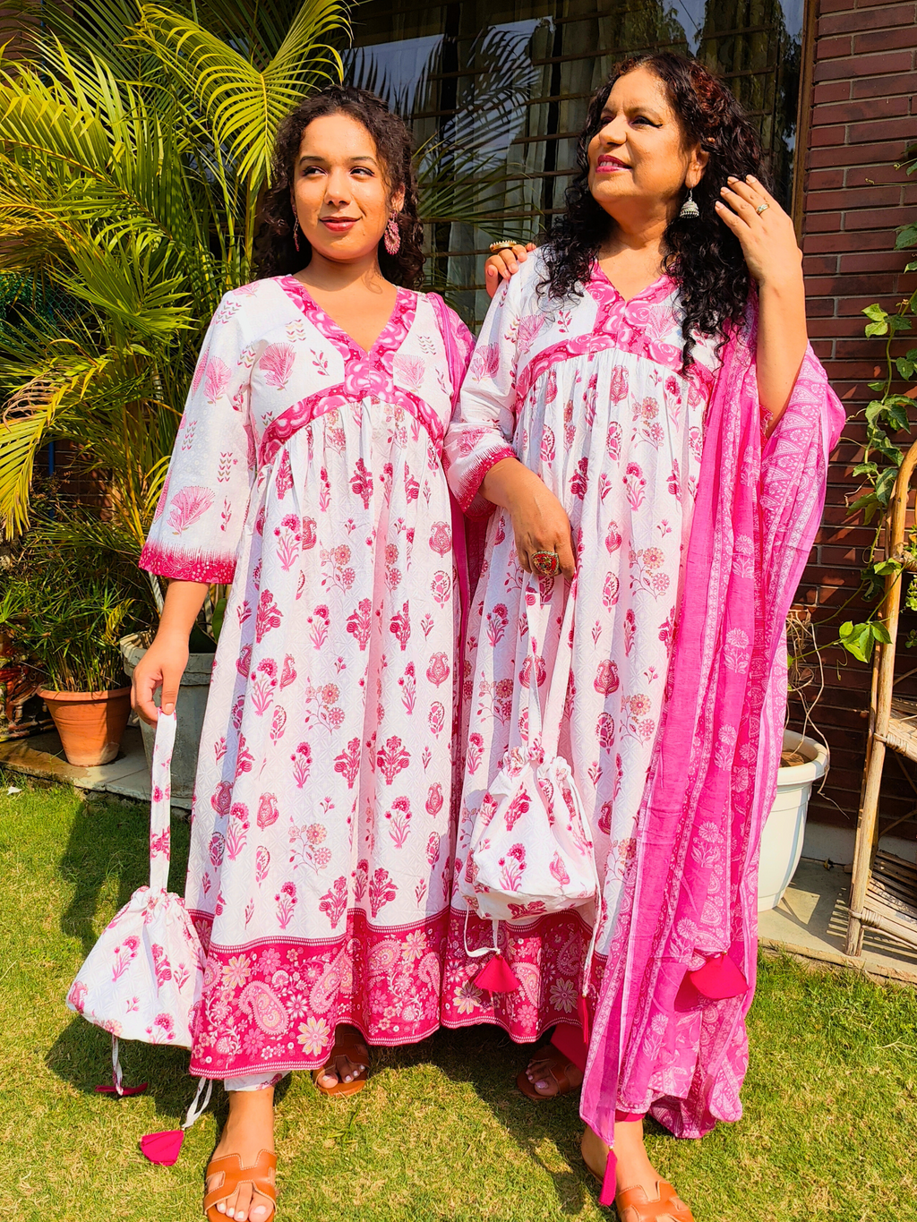 White and Pink Digital Printed Anarkali Cotton Stitched Suit Set