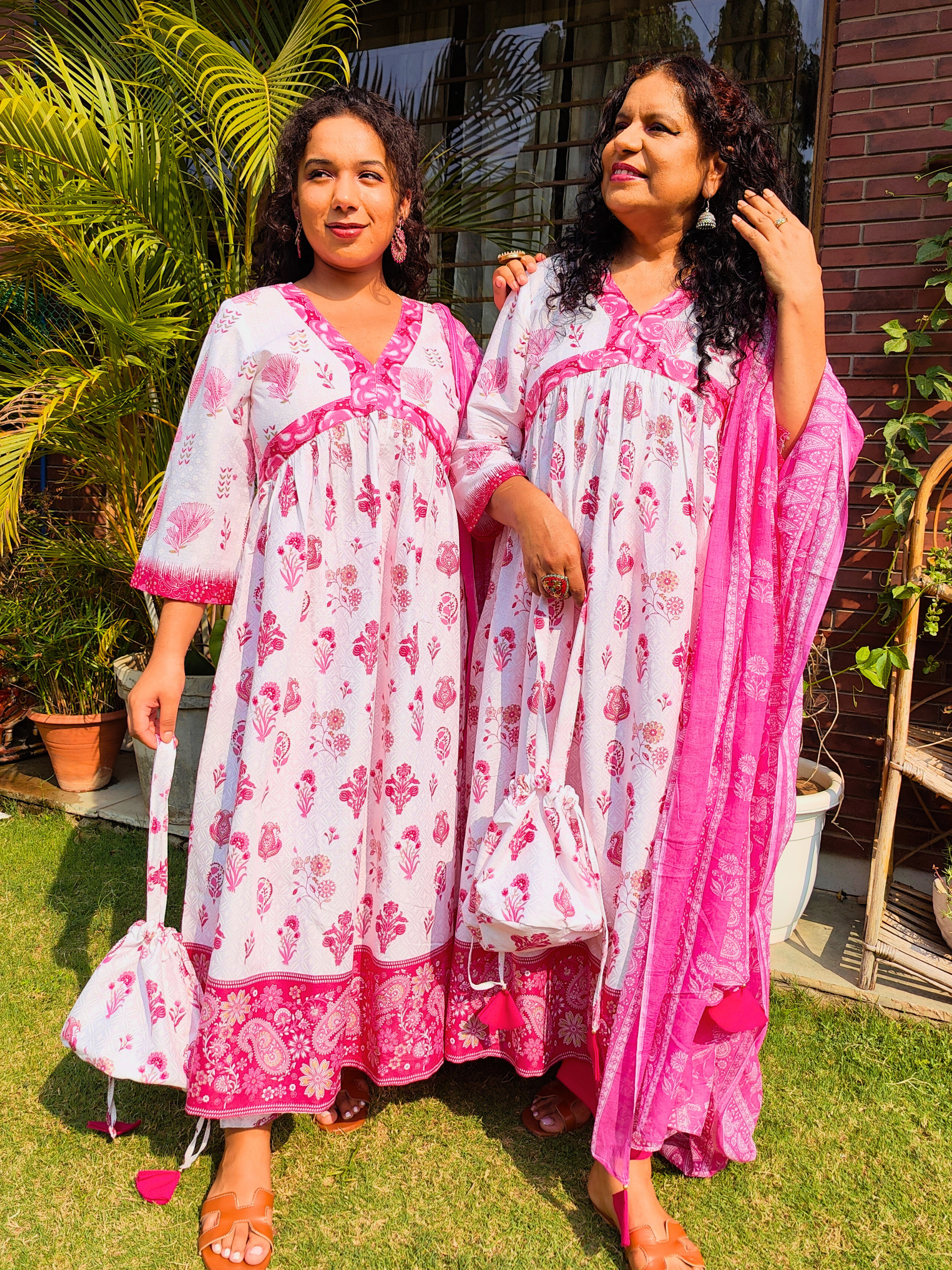 White and Pink Digital Printed Anarkali Cotton Stitched Suit Set