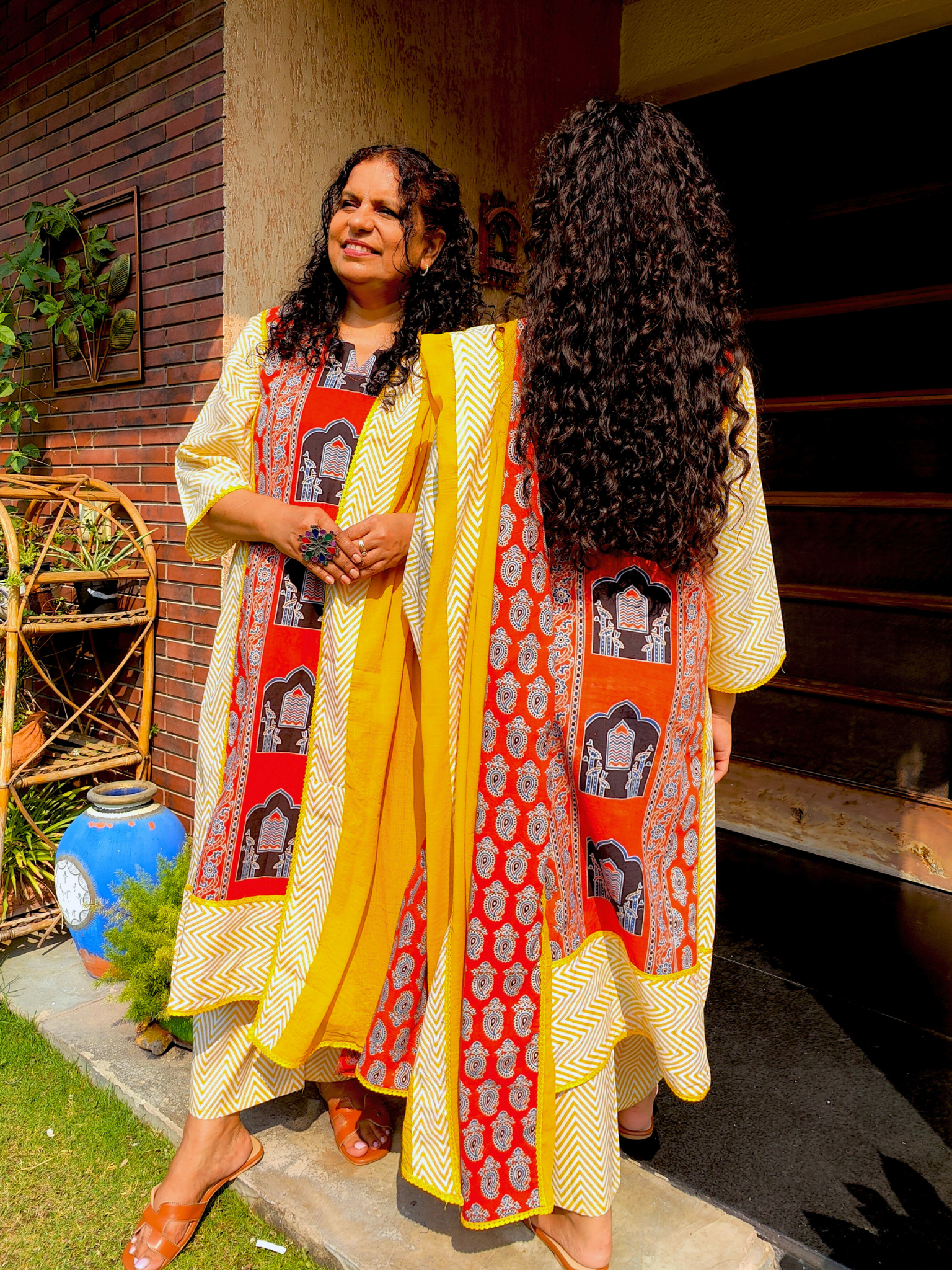 Orange Ajrakh Cotton Stitched Suit Set