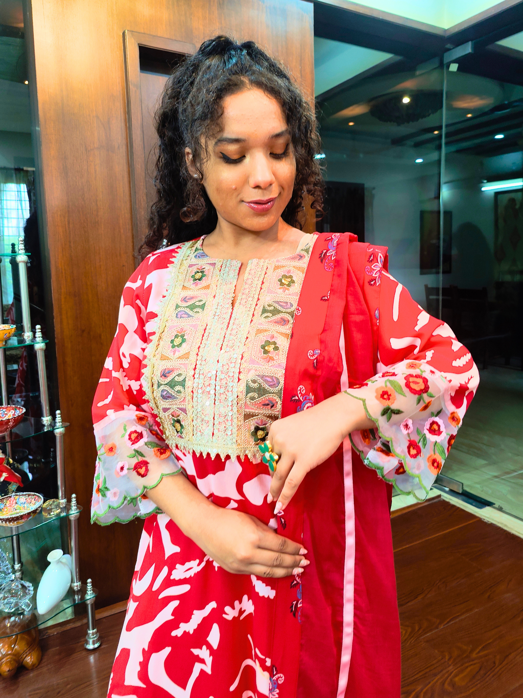 Red and White Floral Embroidered Lace Stitched Suit Set