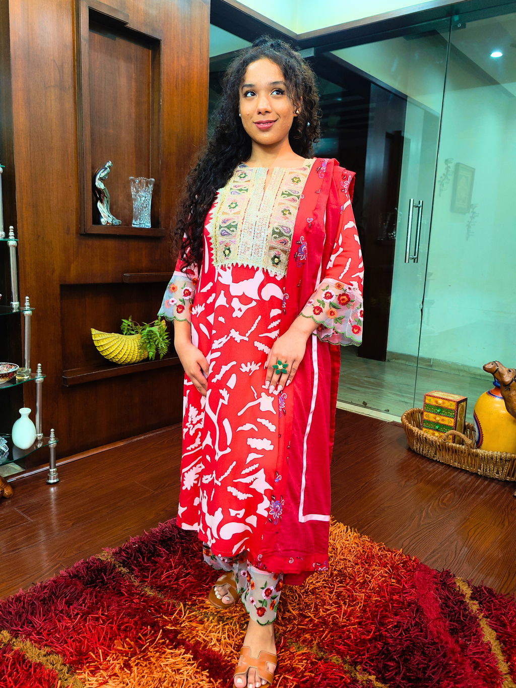 Red and White Floral Embroidered Lace Stitched Suit Set