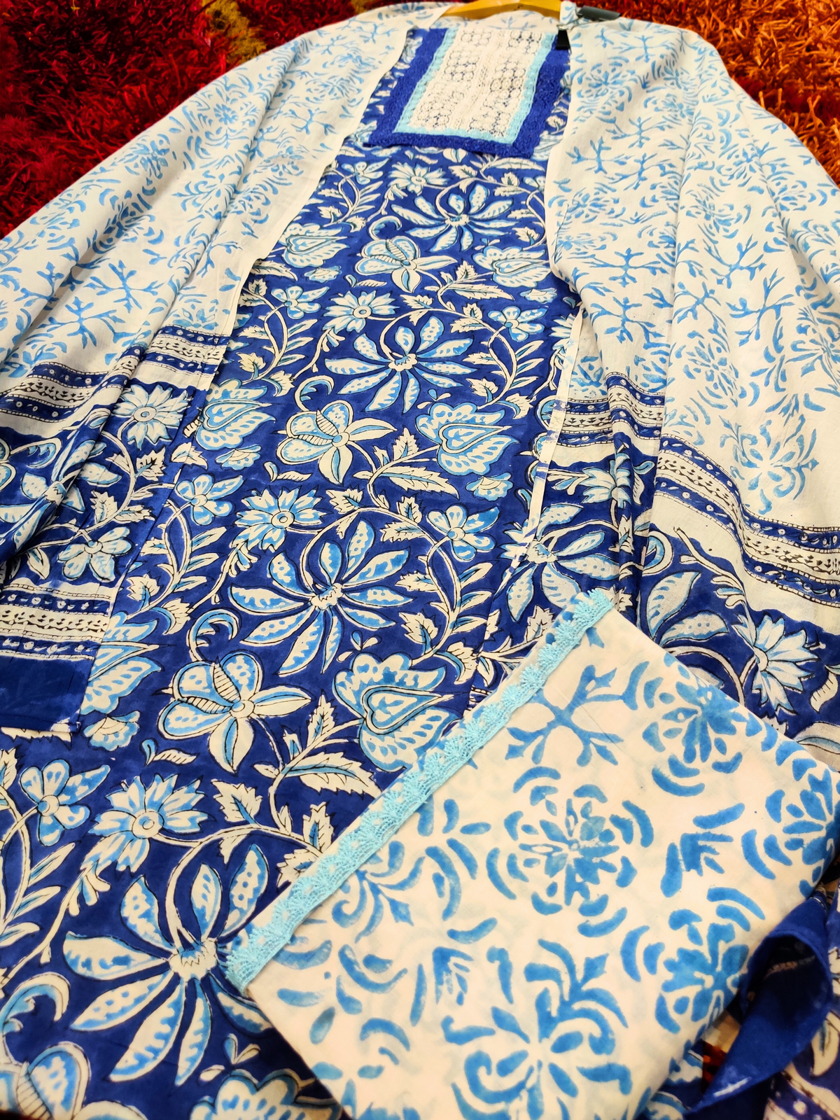 Blue Printed Cotton Unstitched Dress Material Suit Set