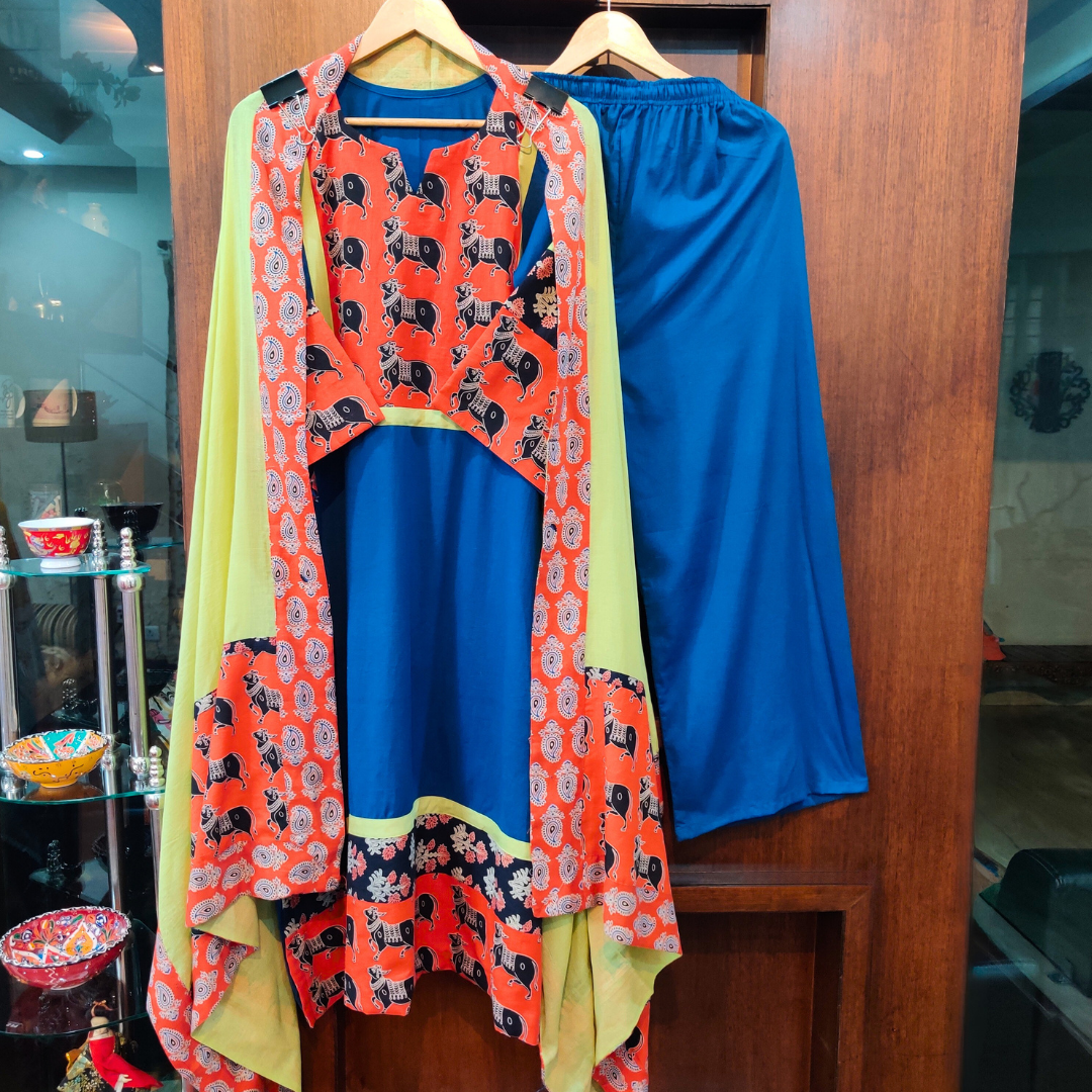 Blue Kalamkari Cotton Stitched Suit Set