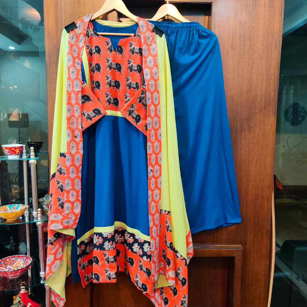 Blue Kalamkari Cotton Stitched Suit Set