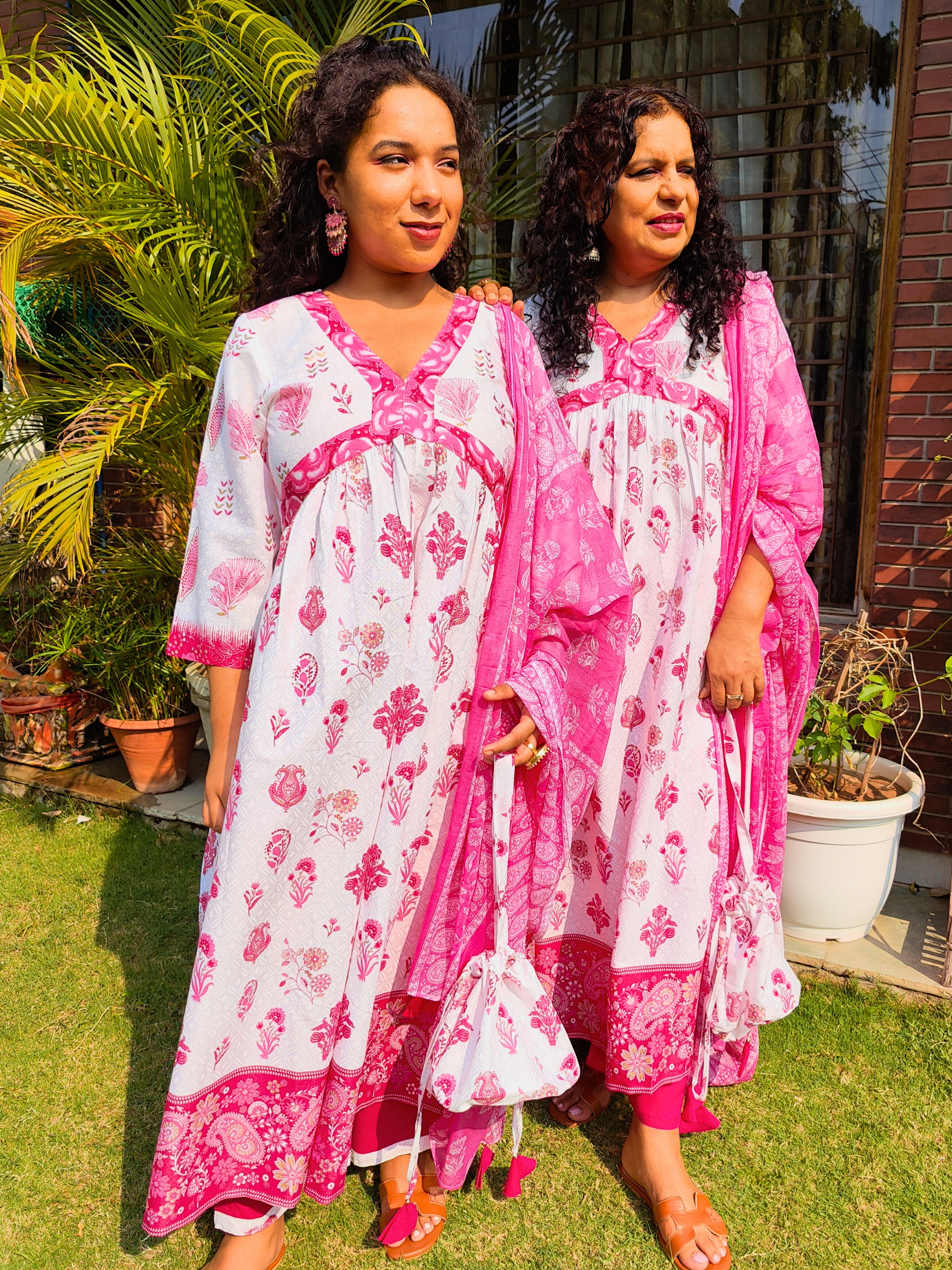 White and Pink Digital Printed Anarkali Cotton Stitched Suit Set