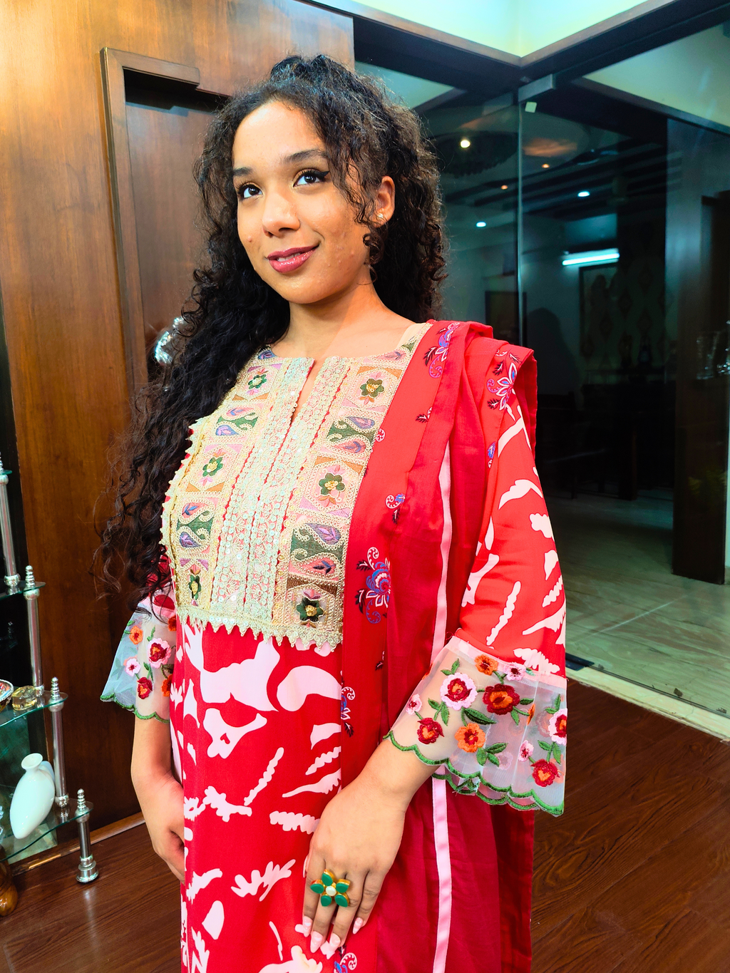 Red and White Floral Embroidered Lace Stitched Suit Set