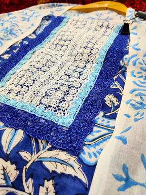 Blue Printed Cotton Unstitched Dress Material Suit Set