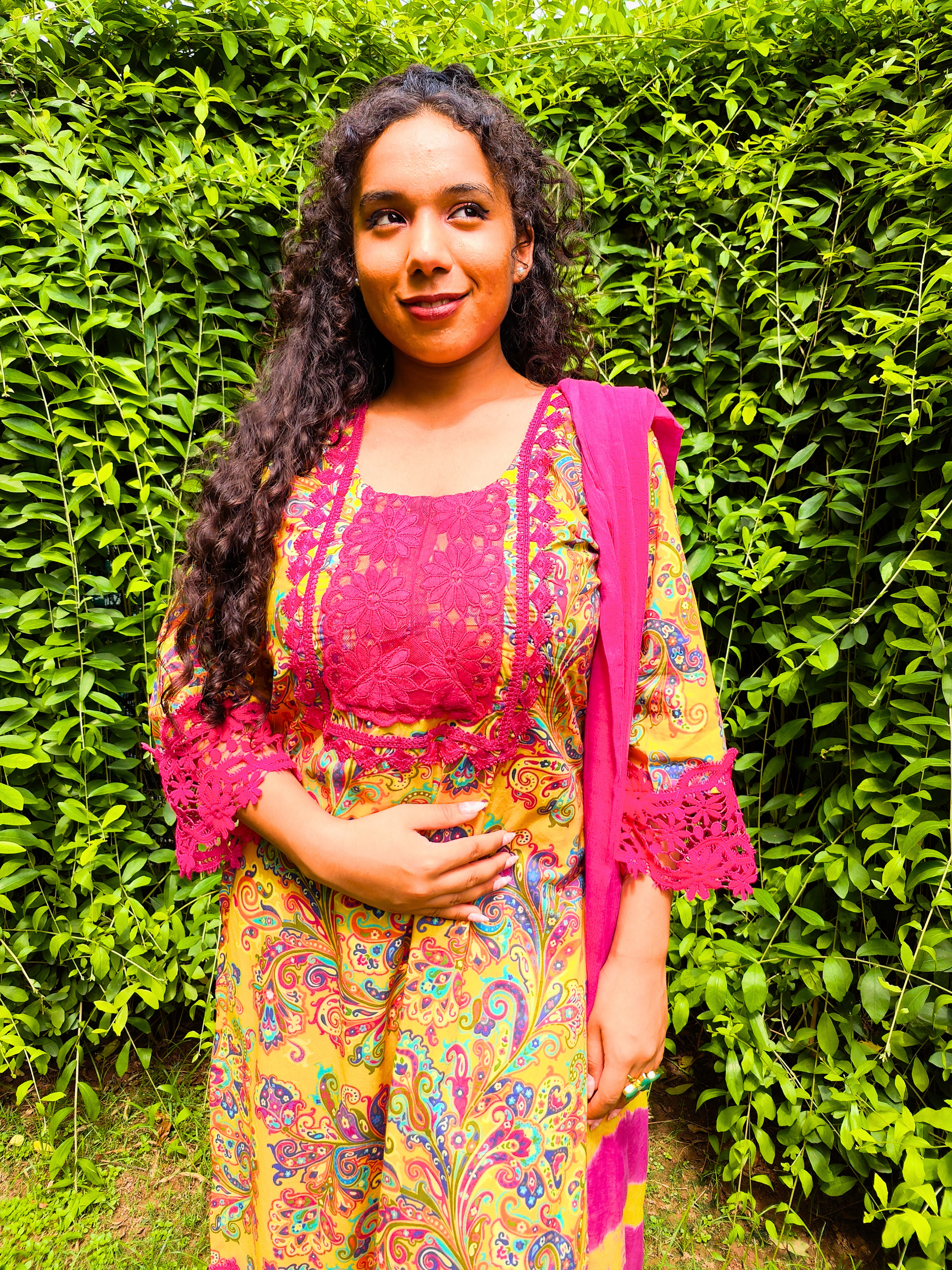 Yellow Kalamkari Magenta Italian Lace Cotton Stitched Suit Set