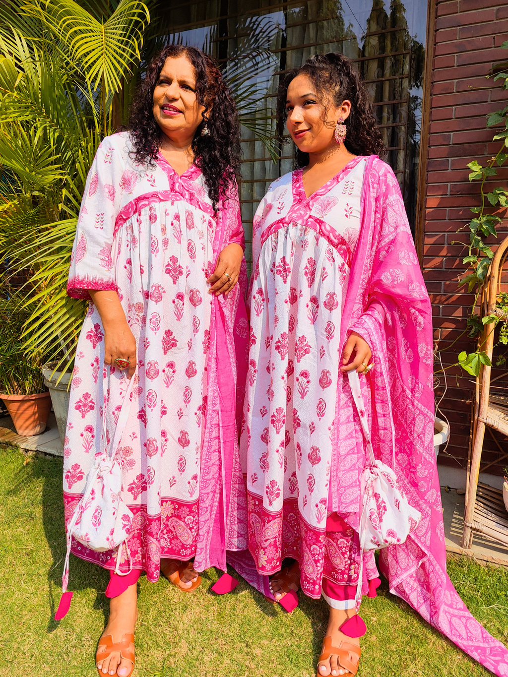 White and Pink Digital Printed Anarkali Cotton Stitched Suit Set