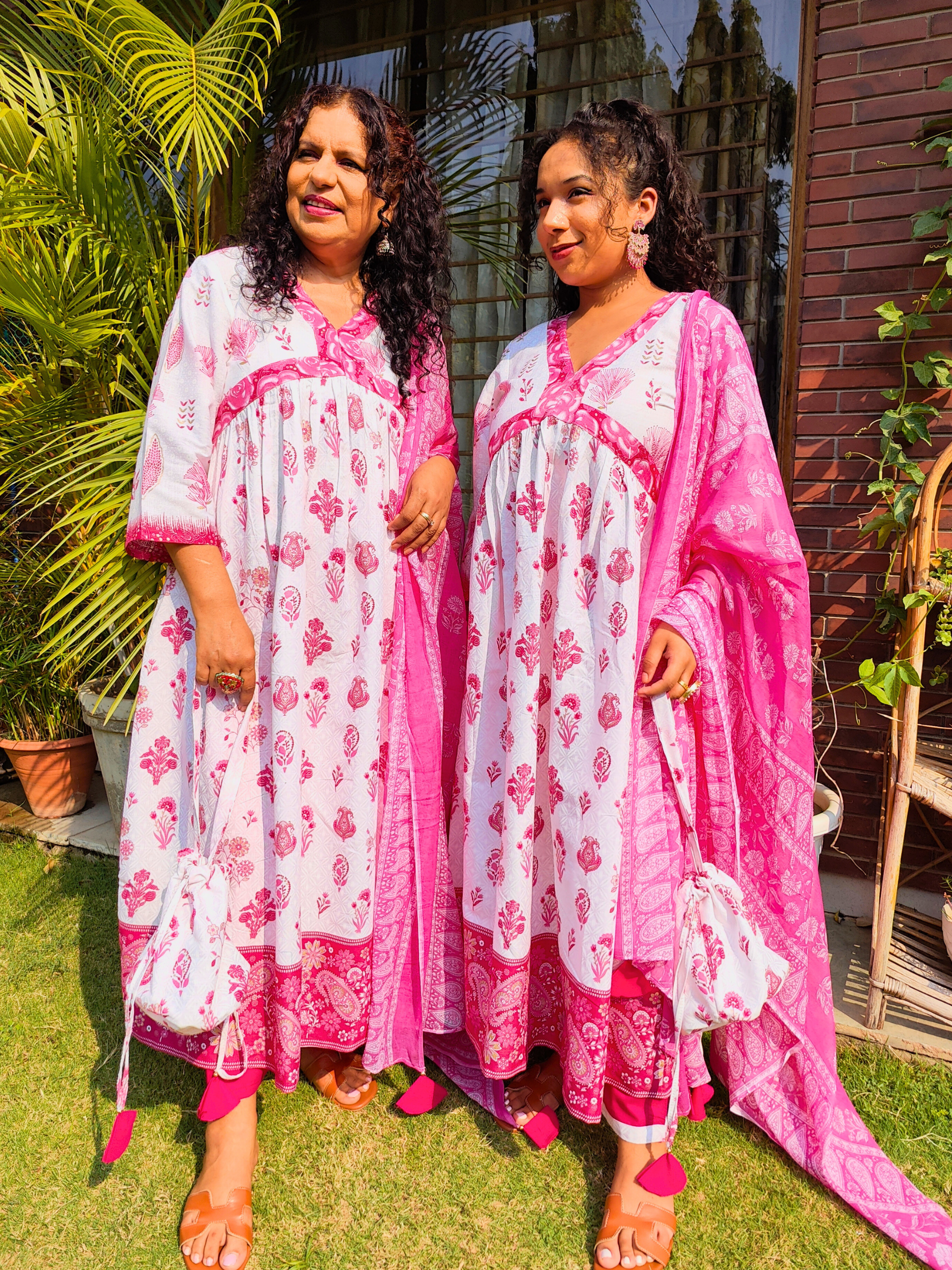 White and Pink Digital Printed Anarkali Cotton Stitched Suit Set