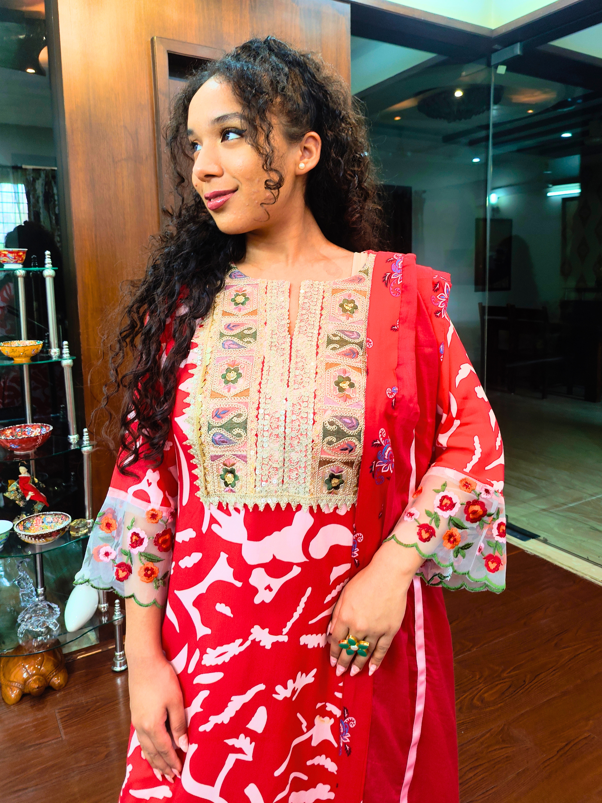 Red and White Floral Embroidered Lace Stitched Suit Set