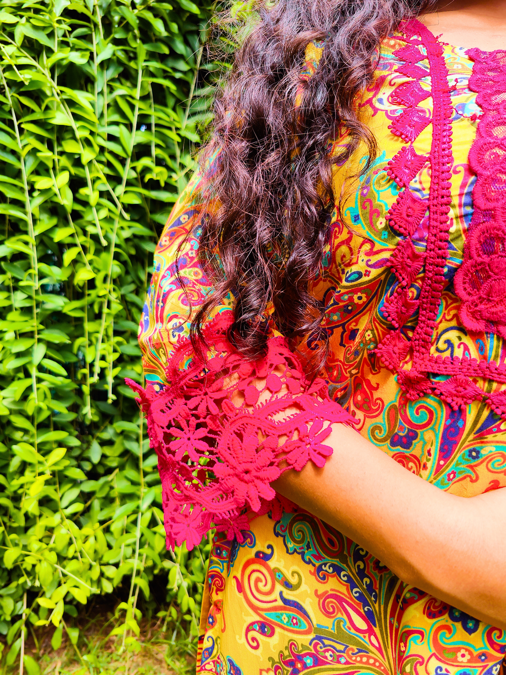 Yellow Kalamkari Magenta Italian Lace Cotton Stitched Suit Set
